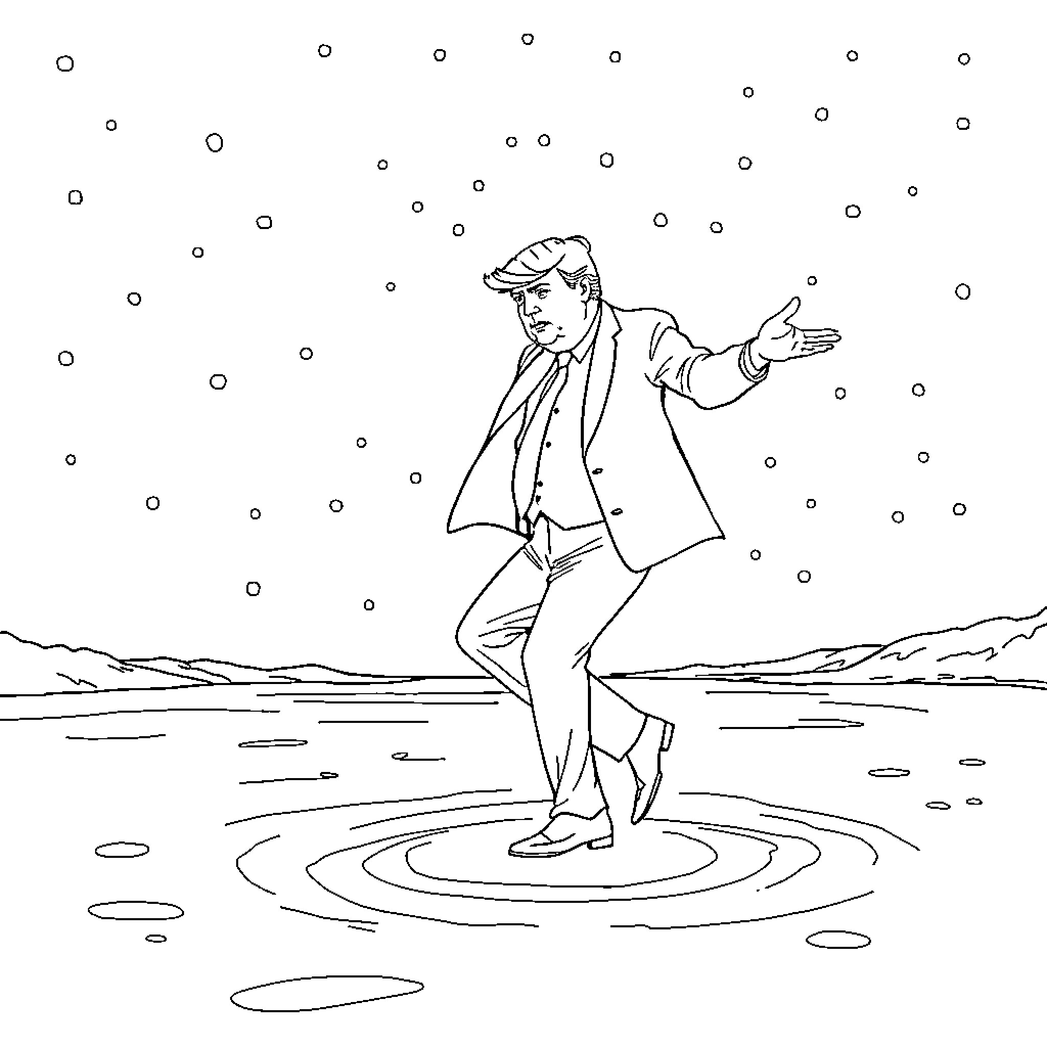 Donald Trump dancing in a snowy landscape Coloring Page (free black-and-white line drawing printable PDF for all, from beginners to advanced learners, including children, teens, adults, and seniors)