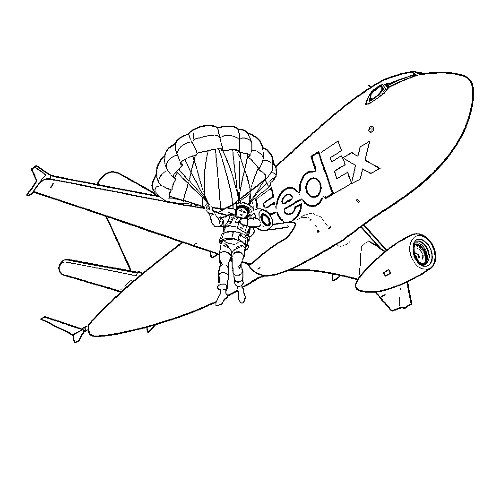 Person parachuting from delivery airplane Coloring Page (free black-and-white line drawing printable PDF for all, from beginners to advanced learners, including children, teens, adults, and seniors)