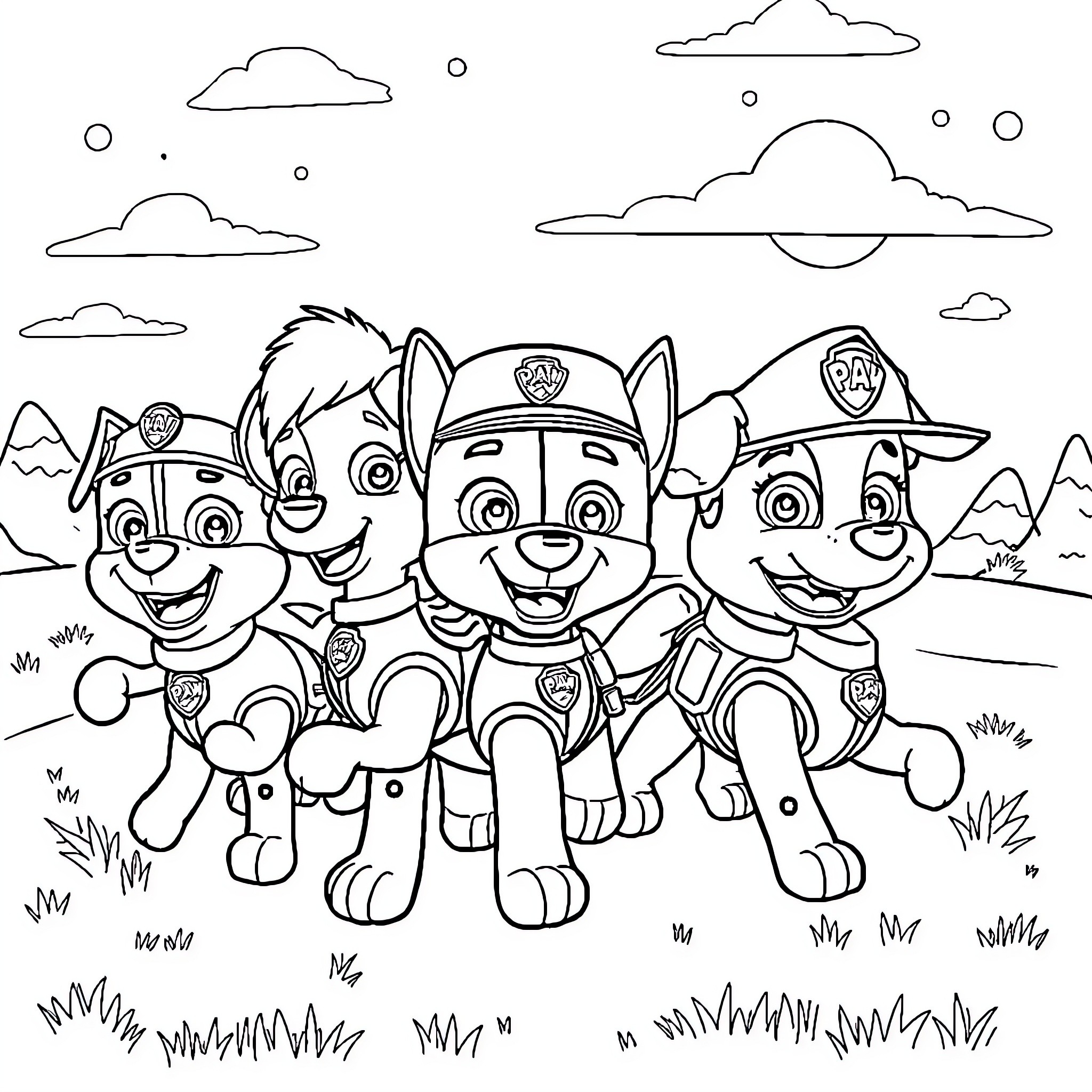 Böbo's Paw Patrol Adventure in the Outdoors Coloring Page (free black-and-white line drawing printable PDF for all, from beginners to advanced learners, including children, teens, adults, and seniors)