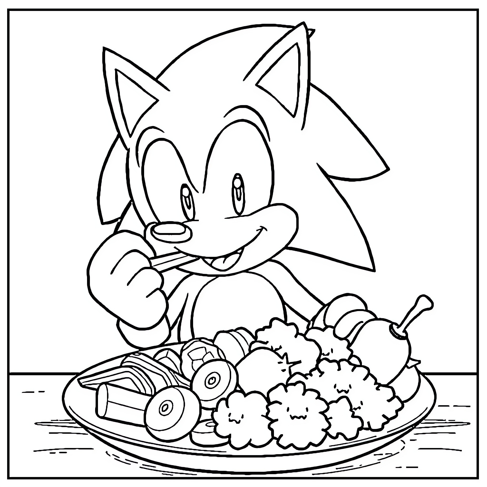 Sonic enjoying a delightful meal Coloring Page (free black-and-white line drawing printable PDF for all, from beginners to advanced learners, including children, teens, adults, and seniors)