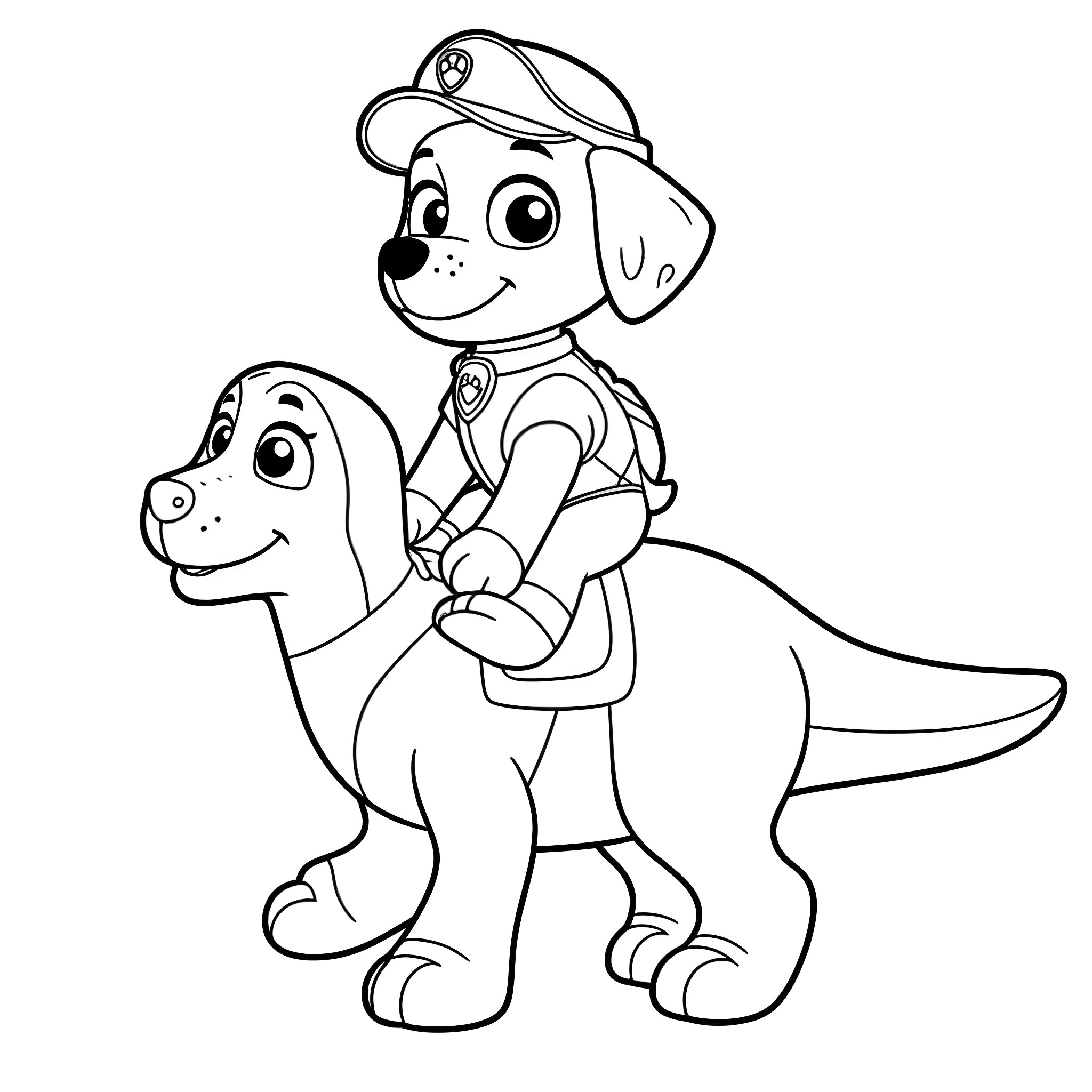 Marshall riding a friendly dinosaur Coloring Page (free black-and-white line drawing printable PDF for all, from beginners to advanced learners, including children, teens, adults, and seniors)