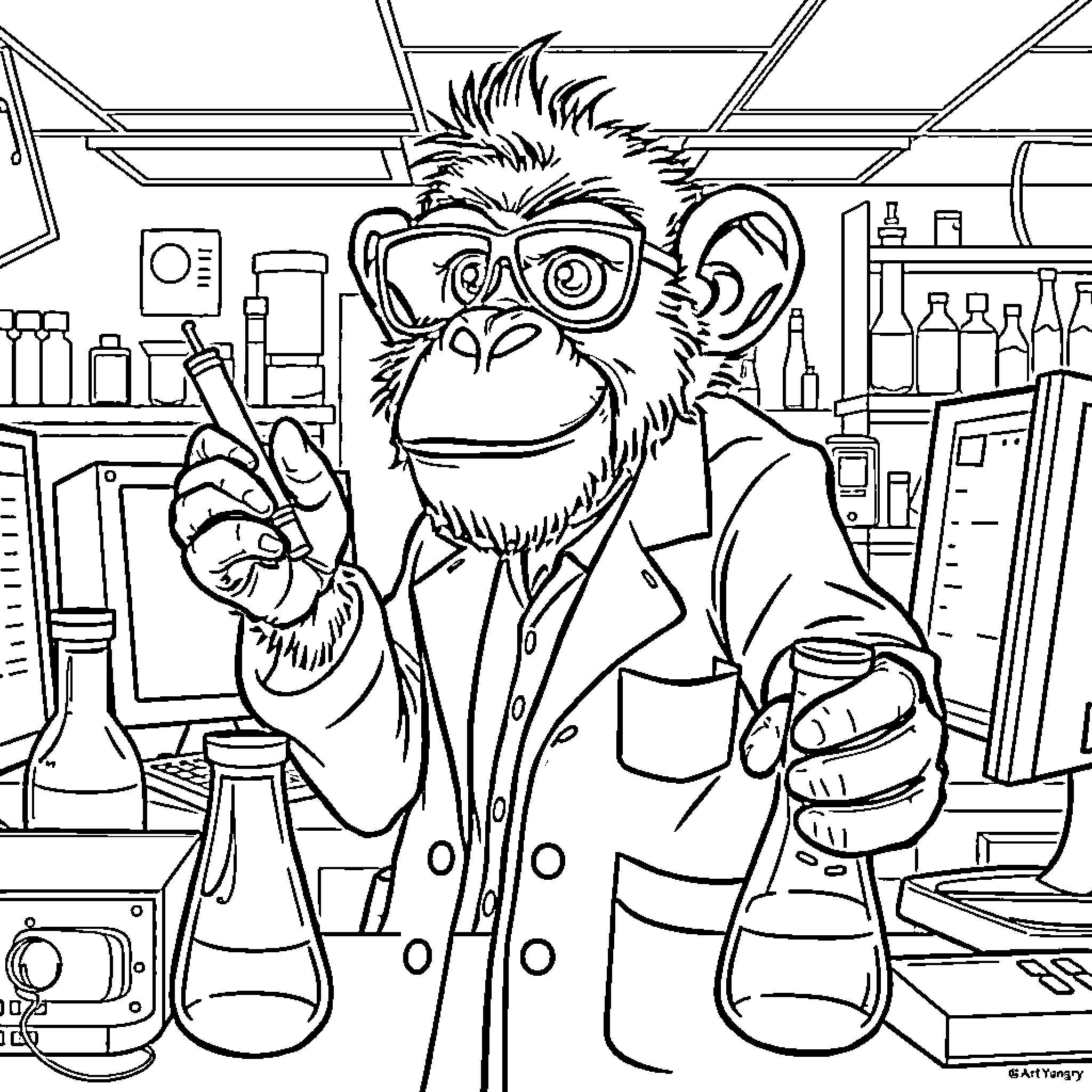Monkey Scientist Conducting Experiments in a Lab Coloring Page (free black-and-white line drawing printable PDF for all, from beginners to advanced learners, including children, teens, adults, and seniors)