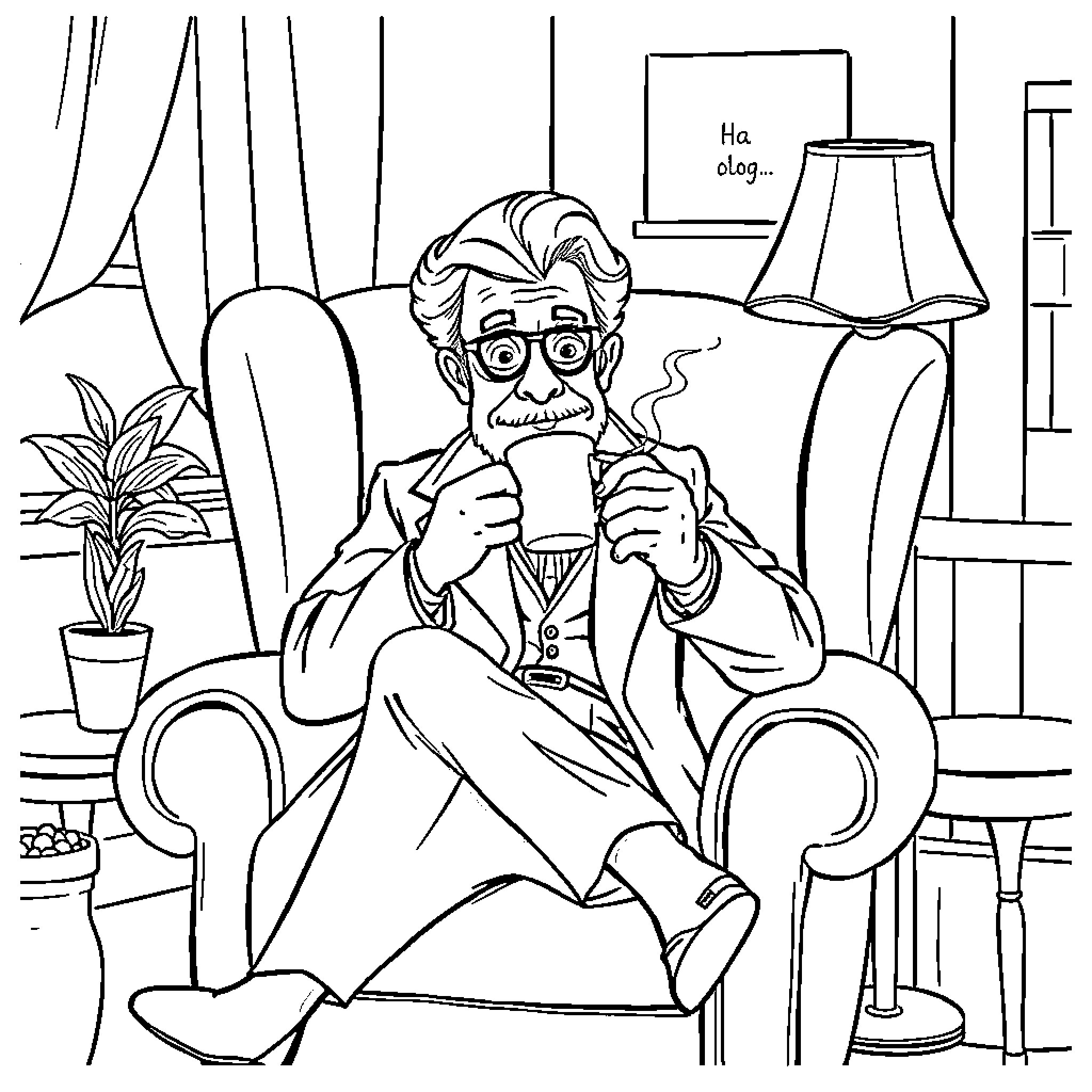 Dr. House relaxing with a cup of coffee in his office Coloring Page (free black-and-white line drawing printable PDF for all, from beginners to advanced learners, including children, teens, adults, and seniors)