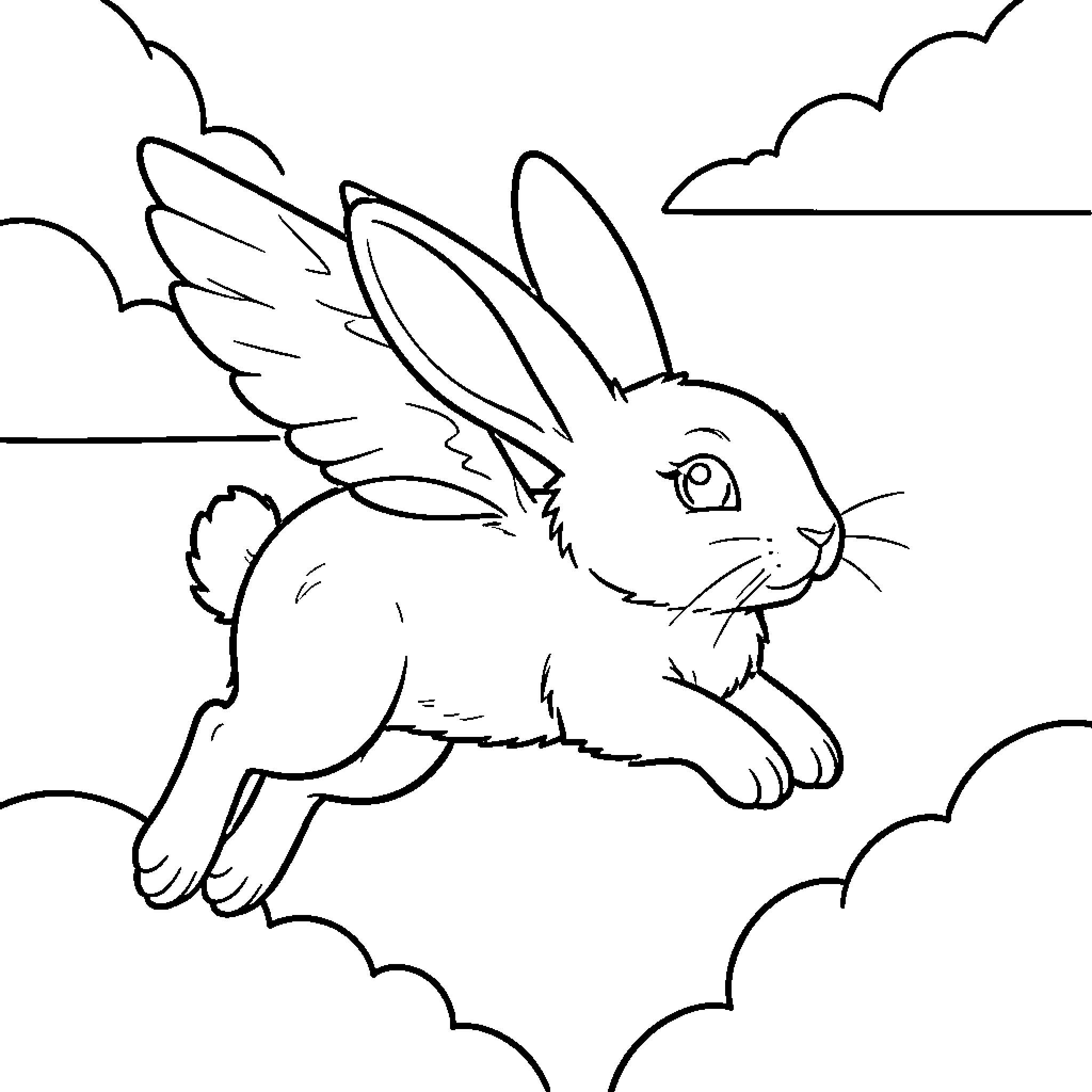 Flying Rabbit gliding through the fluffy clouds Coloring Page (free black-and-white line drawing printable PDF for all, from beginners to advanced learners, including children, teens, adults, and seniors)