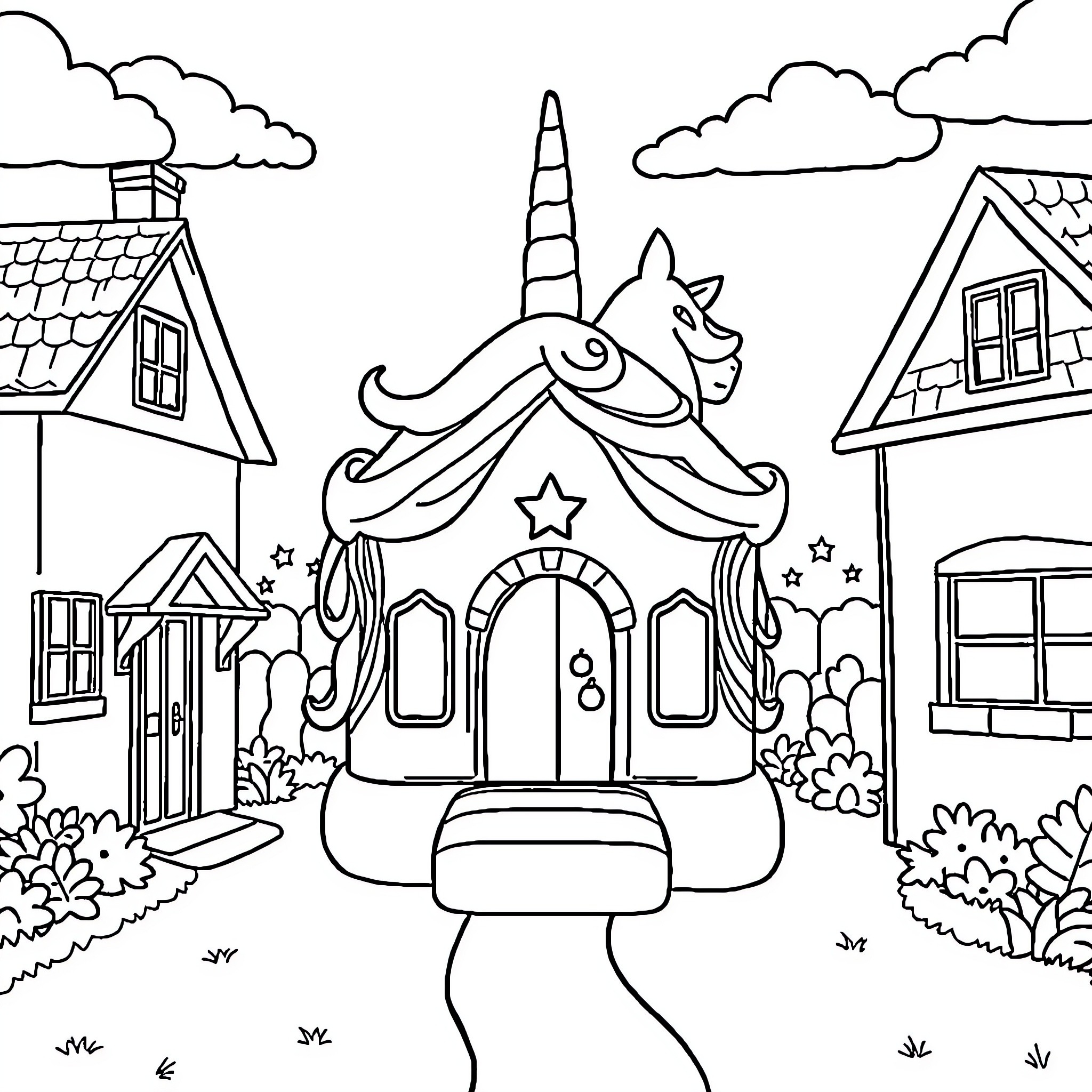 Unicorn standing guard over a fantasy cottage village Coloring Page (free black-and-white line drawing printable PDF for all, from beginners to advanced learners, including children, teens, adults, and seniors)