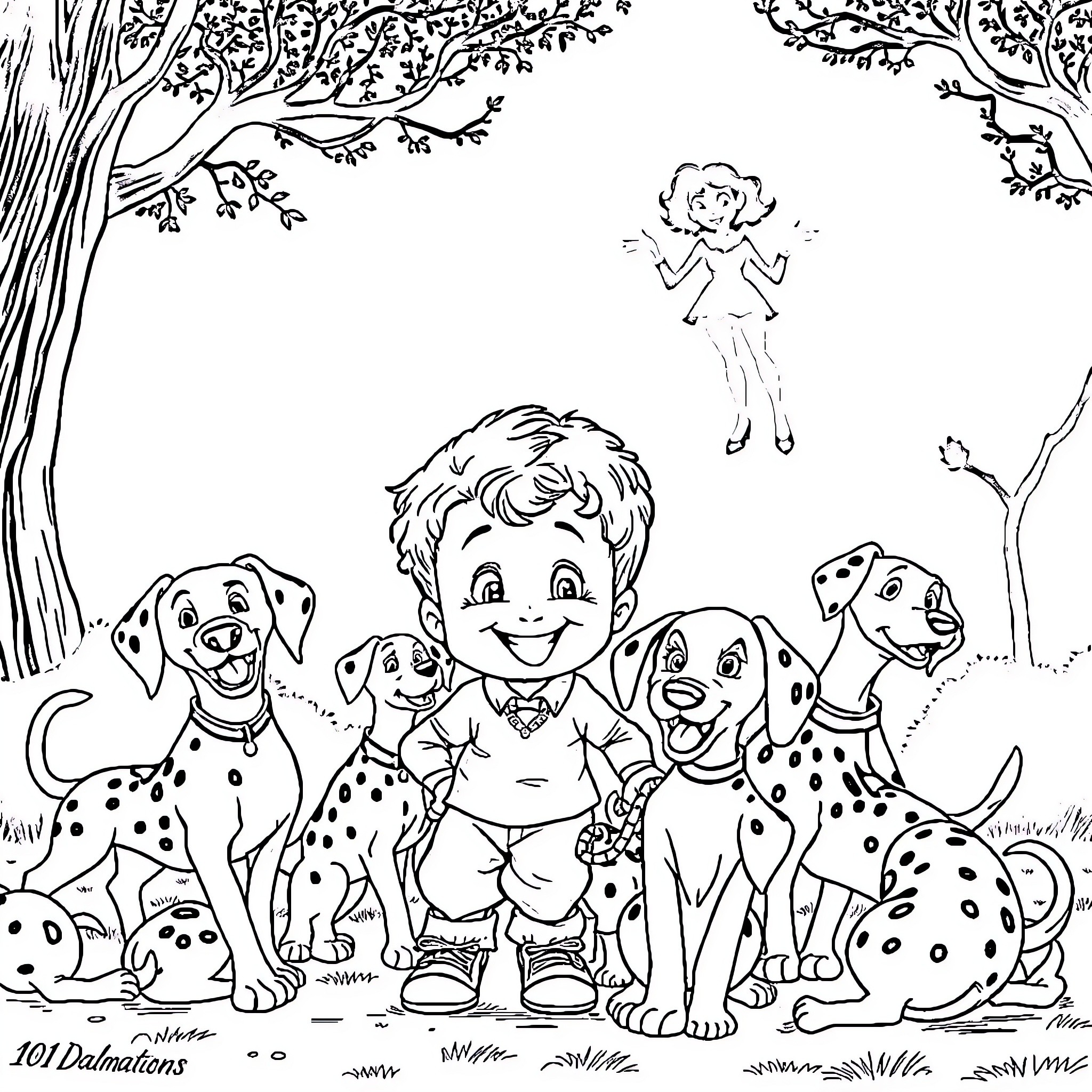 Boy playing happily with spotted dogs in the forest Coloring Page (free black-and-white line drawing printable PDF for all, from beginners to advanced learners, including children, teens, adults, and seniors)