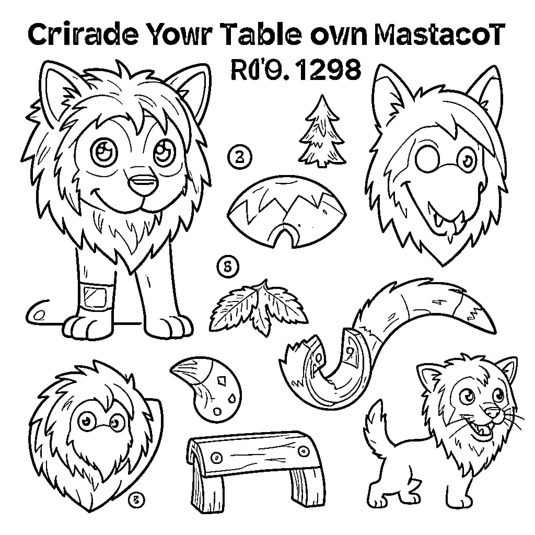 Table Mascot featuring various cute animal character components Coloring Page (free black-and-white line drawing printable PDF for all, from beginners to advanced learners, including children, teens, adults, and seniors)