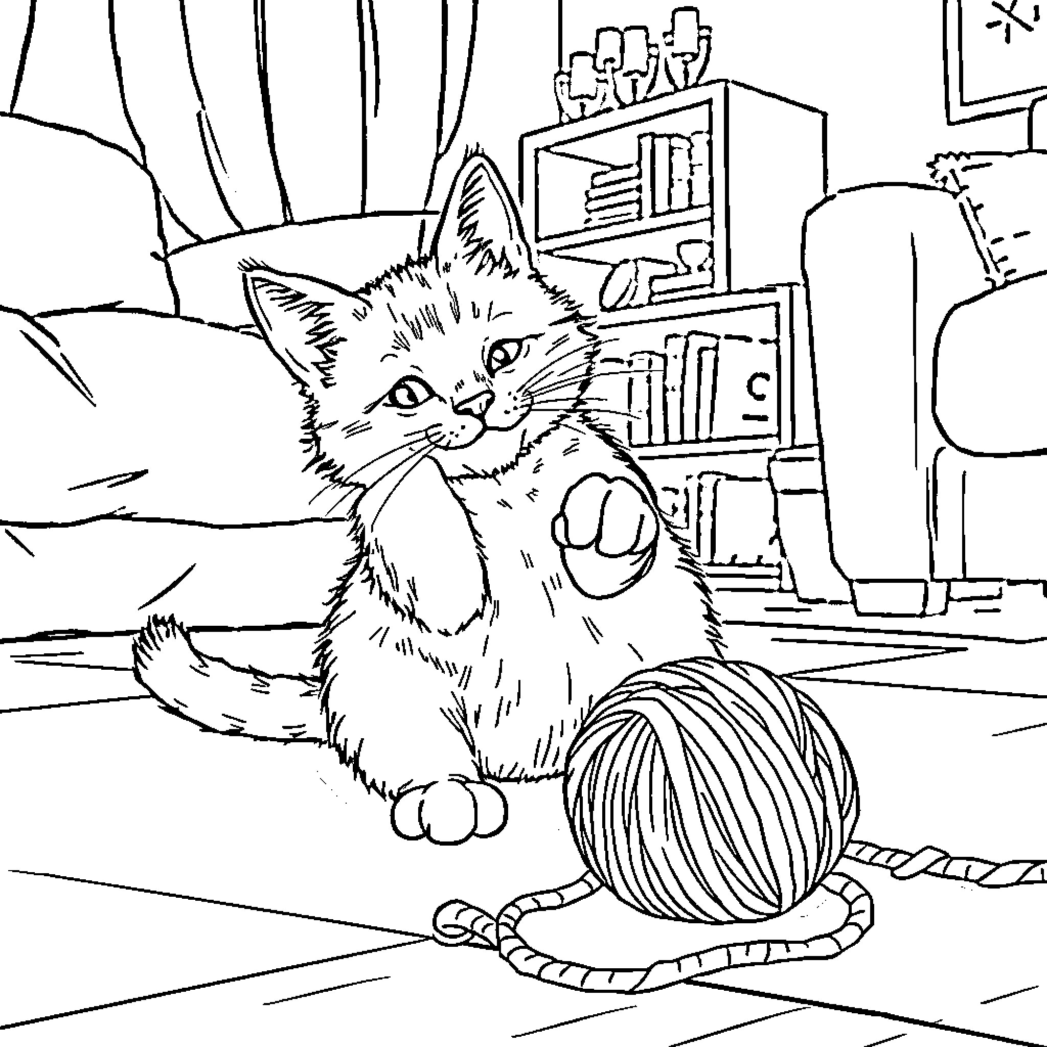 Cat with ball of yarn in cozy room Coloring Page (free black-and-white line drawing printable PDF for all, from beginners to advanced learners, including children, teens, adults, and seniors)