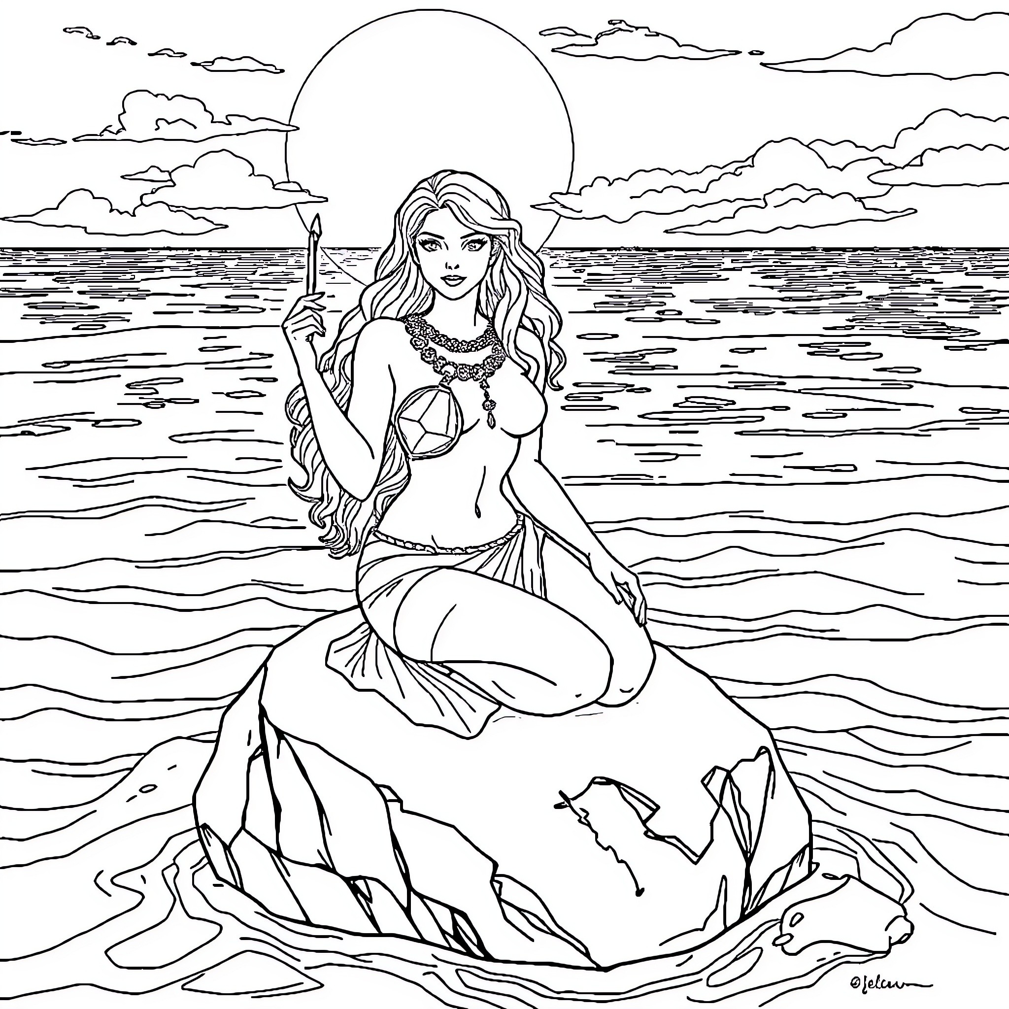 Sirène posing gracefully by the sea Coloring Page (free black-and-white line drawing printable PDF for all, from beginners to advanced learners, including children, teens, adults, and seniors)