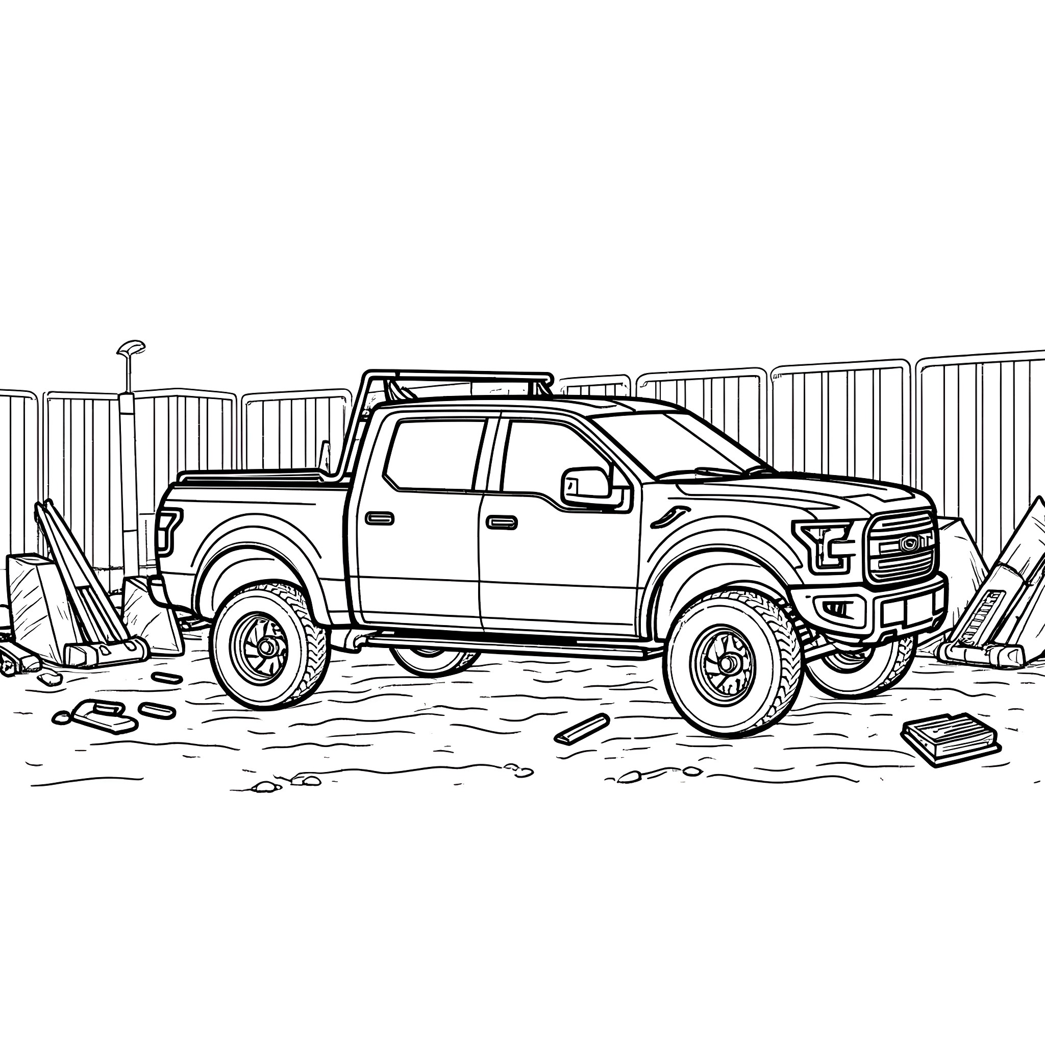 Wrecker Truck Assisting in Construction Site Coloring Page (free black-and-white line drawing printable PDF for all, from beginners to advanced learners, including children, teens, adults, and seniors)