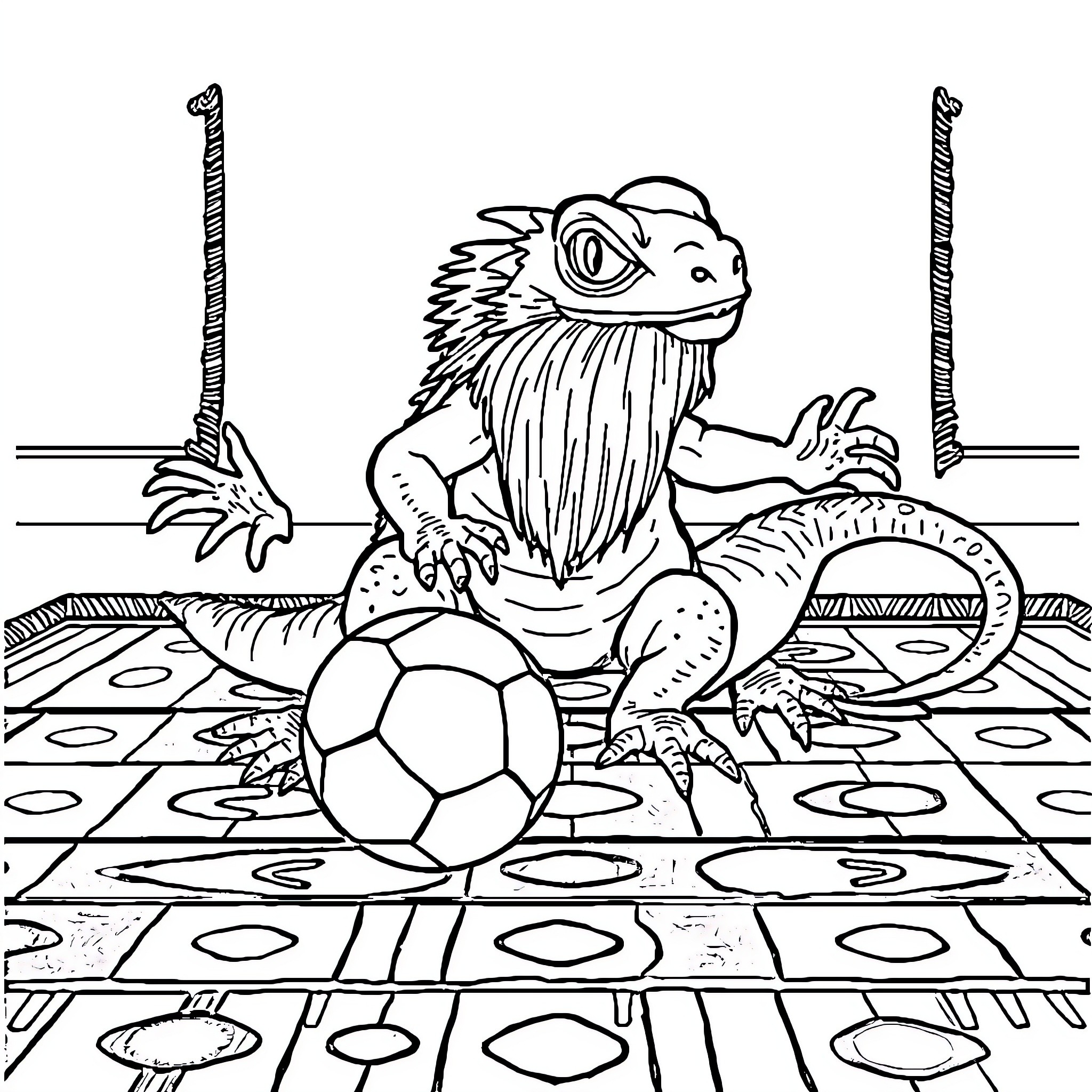Bearded Dragon playing with soccer ball Coloring Page (free black-and-white line drawing printable PDF for all, from beginners to advanced learners, including children, teens, adults, and seniors)
