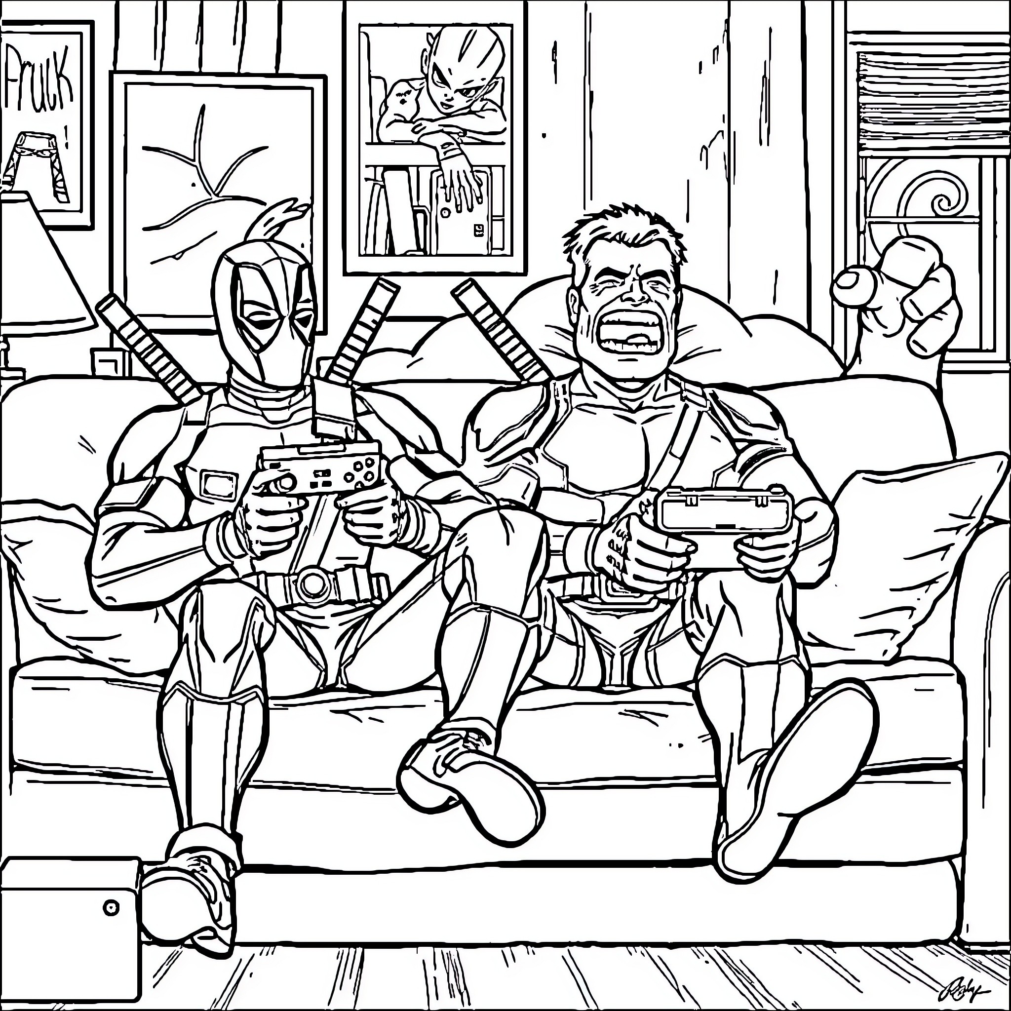 Deadpool and friend playing video games in messy room Coloring Page (free black-and-white line drawing printable PDF for all, from beginners to advanced learners, including children, teens, adults, and seniors)