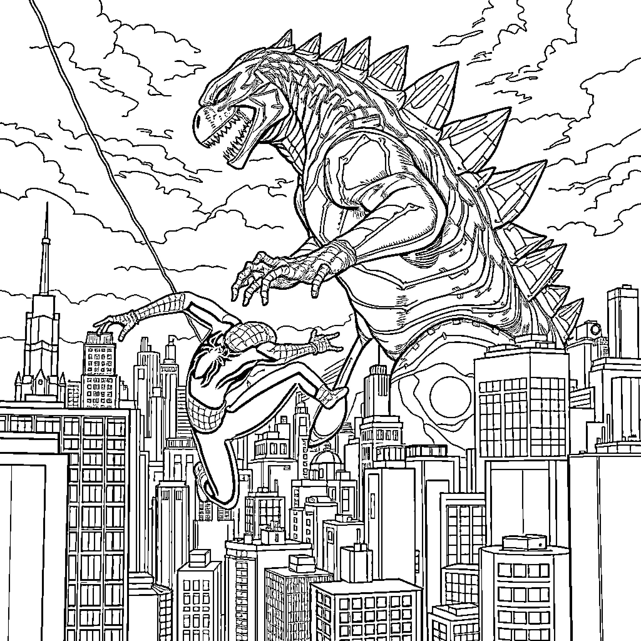 Spiderman-like Creature Attacking City Skyline Coloring Page (free black-and-white line drawing printable PDF for all, from beginners to advanced learners, including children, teens, adults, and seniors)