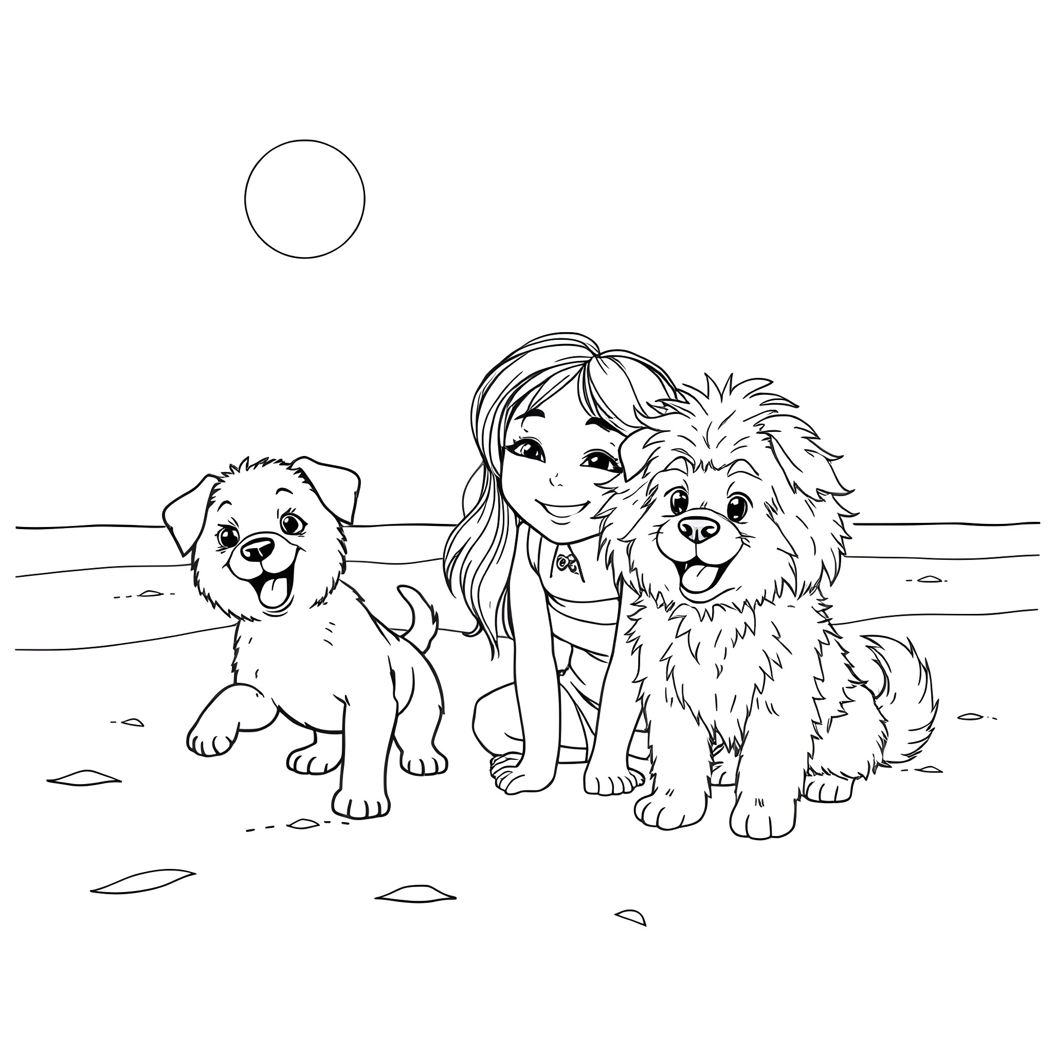 Puppy playing with girl on the beach Coloring Page (free black-and-white line drawing printable PDF for all, from beginners to advanced learners, including children, teens, adults, and seniors)