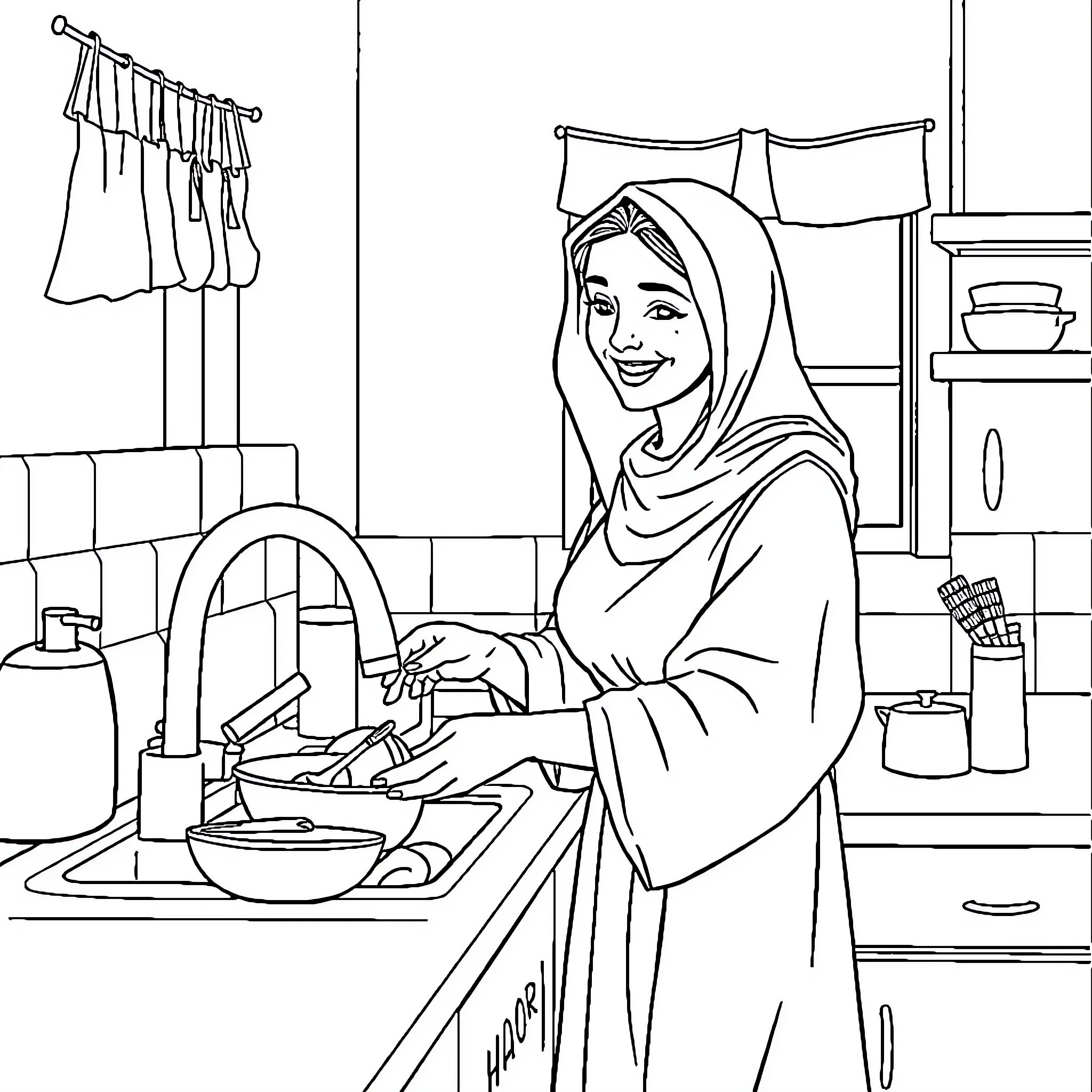 Madonna enjoying domestic chores in the kitchen Coloring Page (free black-and-white line drawing printable PDF for all, from beginners to advanced learners, including children, teens, adults, and seniors)