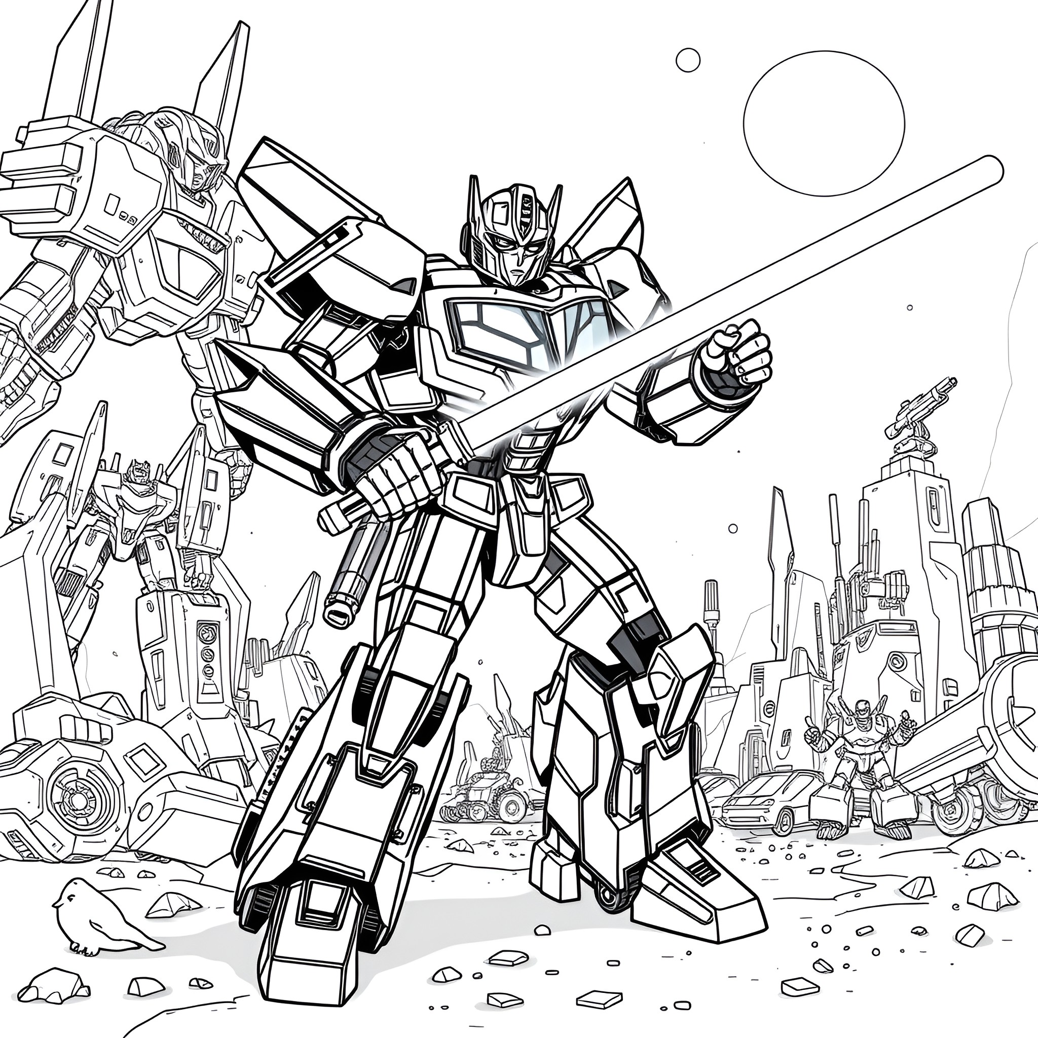 Bumblebee leading a team of powerful robots in battle Coloring Page (free black-and-white line drawing printable PDF for all, from beginners to advanced learners, including children, teens, adults, and seniors)
