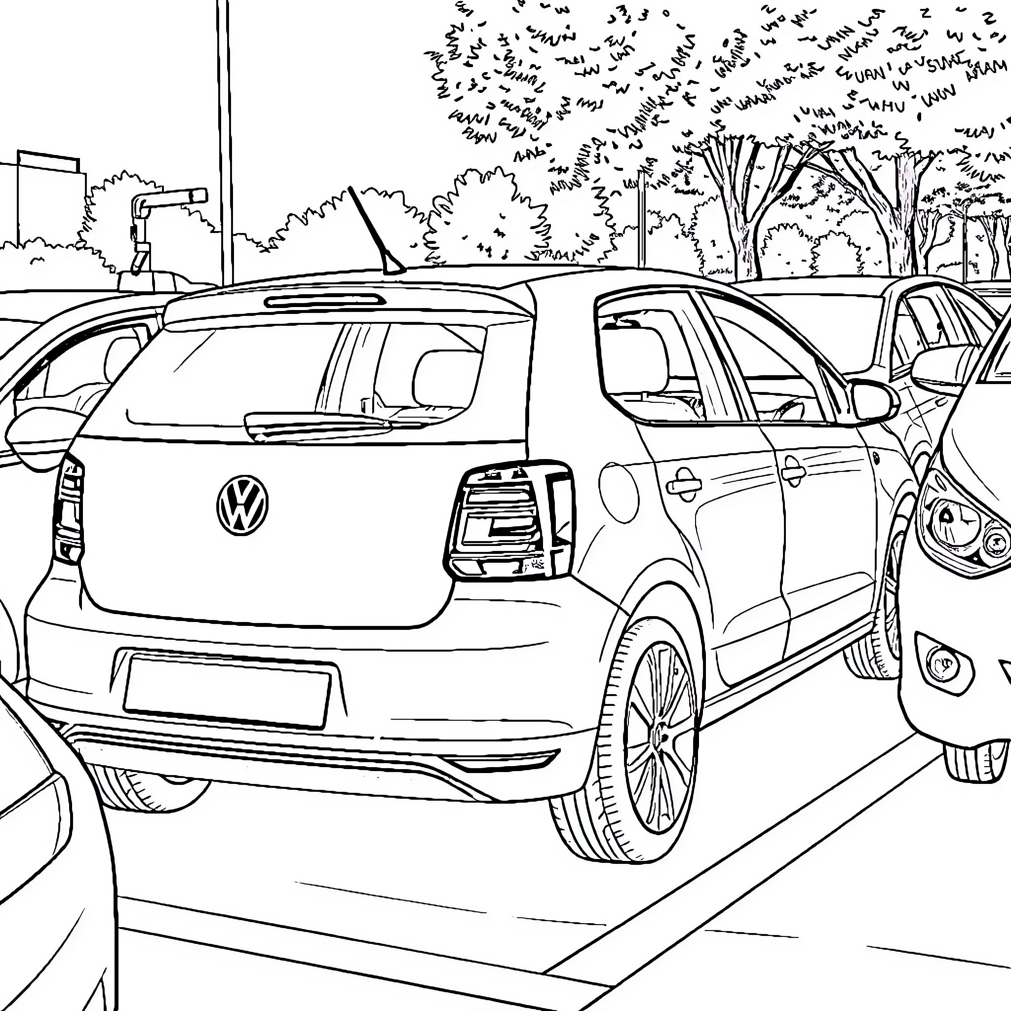 Volkswagen vehicles parked in a scenic outdoor setting Coloring Page (free black-and-white line drawing printable PDF for all, from beginners to advanced learners, including children, teens, adults, and seniors)