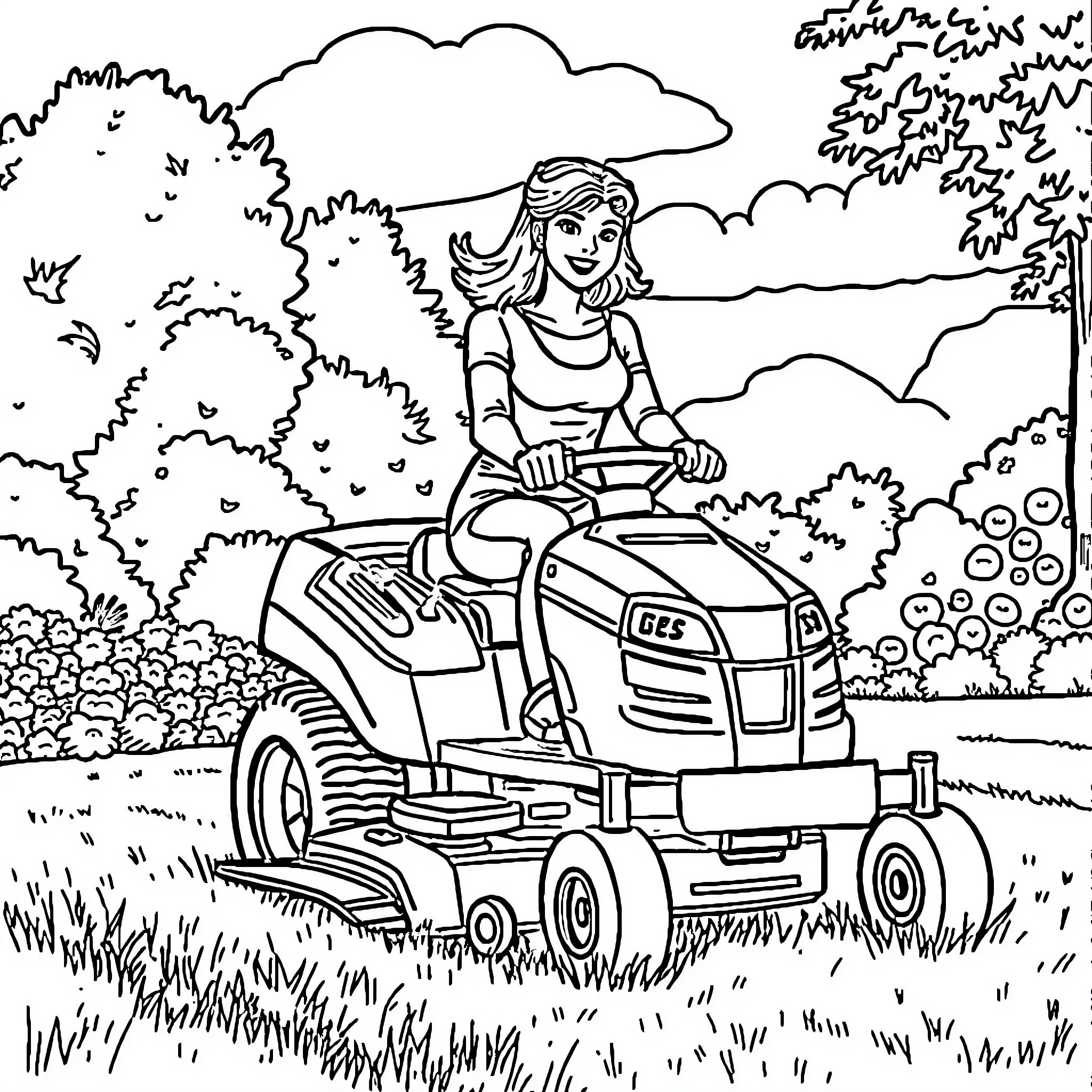Woman riding lawn mower through scenic outdoors Coloring Page (free black-and-white line drawing printable PDF for all, from beginners to advanced learners, including children, teens, adults, and seniors)