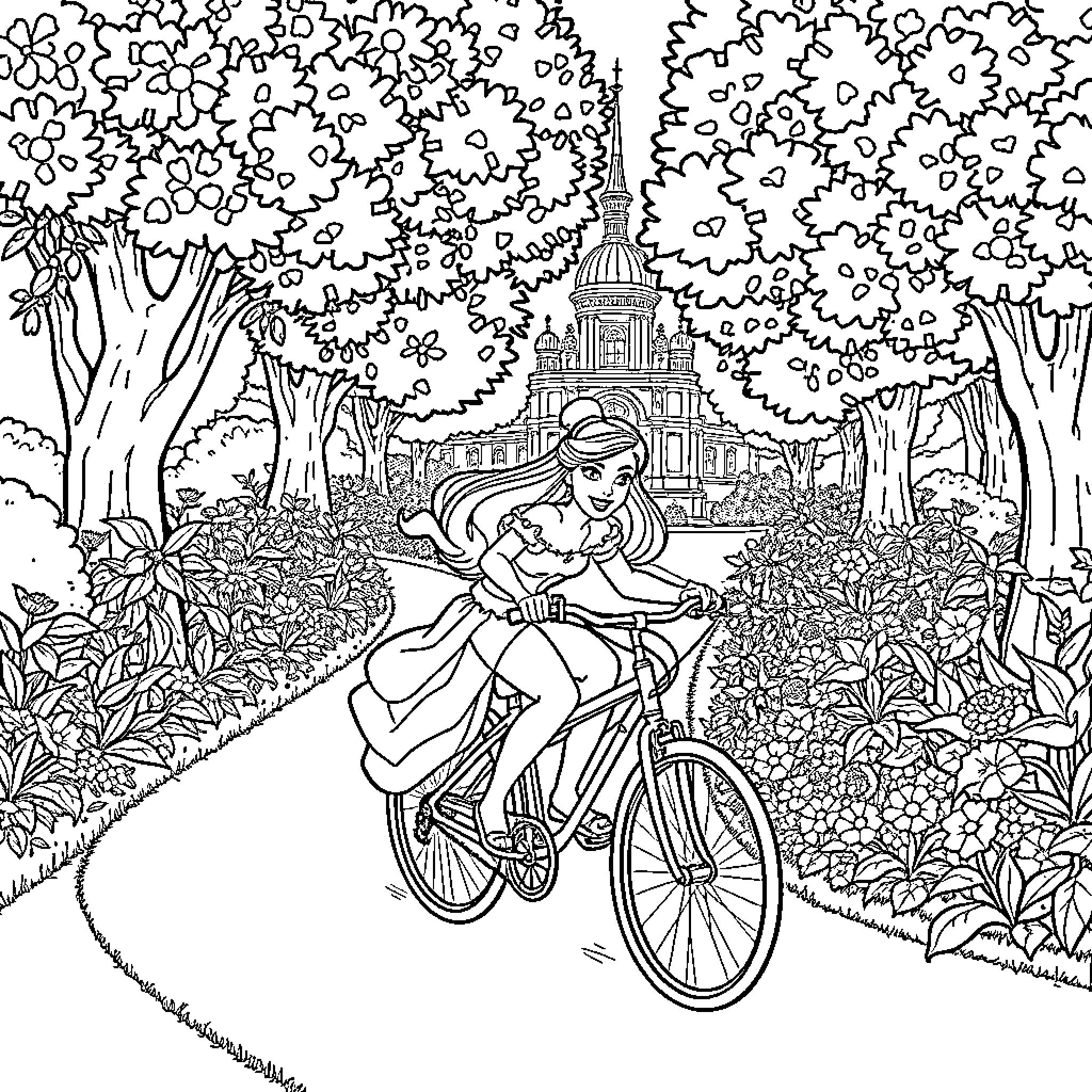 Disney Princess Riding Bicycle in Floral Garden Coloring Page (free black-and-white line drawing printable PDF for all, from beginners to advanced learners, including children, teens, adults, and seniors)
