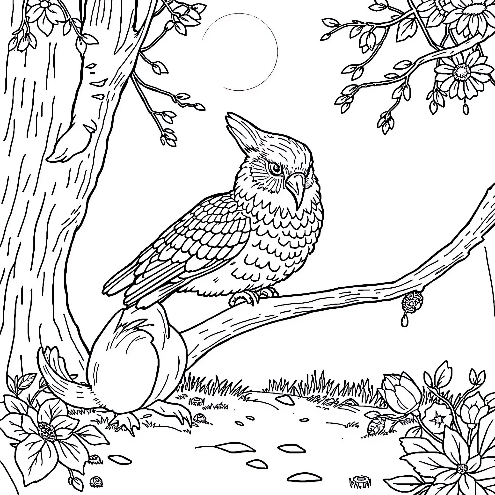 Unicorn bird resting in enchanted forest Coloring Page (free black-and-white line drawing printable PDF for all, from beginners to advanced learners, including children, teens, adults, and seniors)