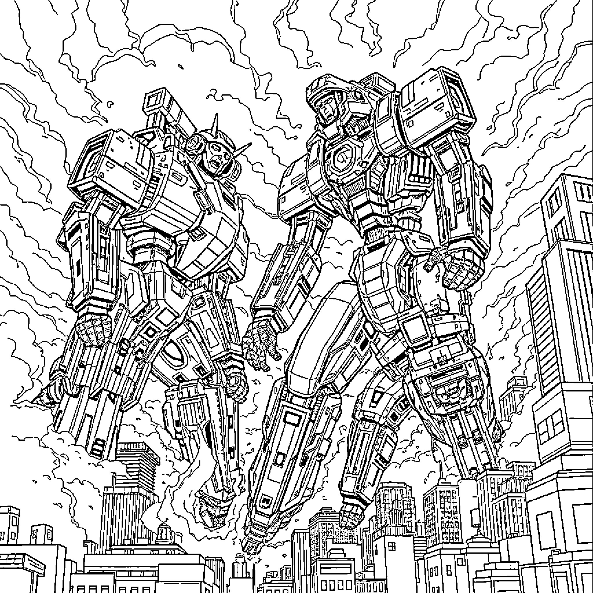 Jaeger titans battling in a city skyline Coloring Page (free black-and-white line drawing printable PDF for all, from beginners to advanced learners, including children, teens, adults, and seniors)