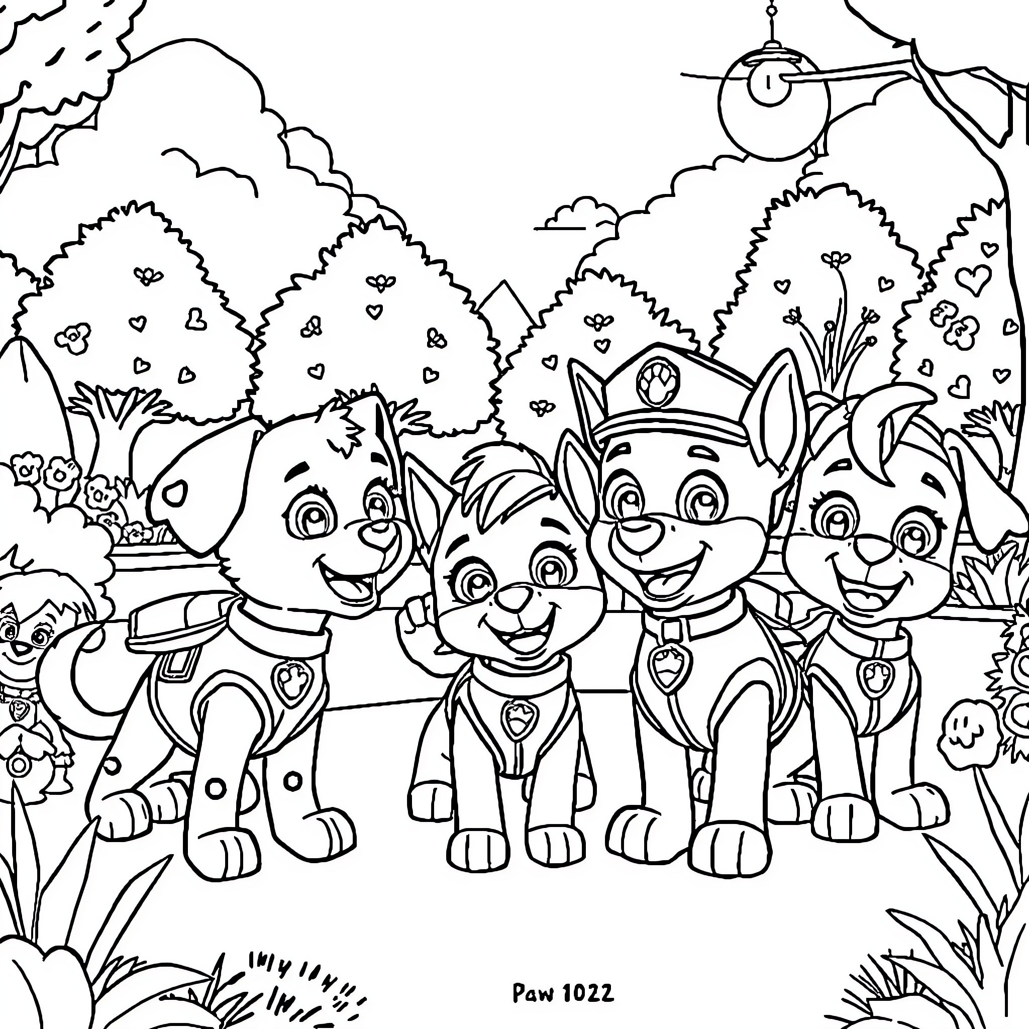 Paw Patrol puppies exploring the park Coloring Page (free black-and-white line drawing printable PDF for all, from beginners to advanced learners, including children, teens, adults, and seniors)