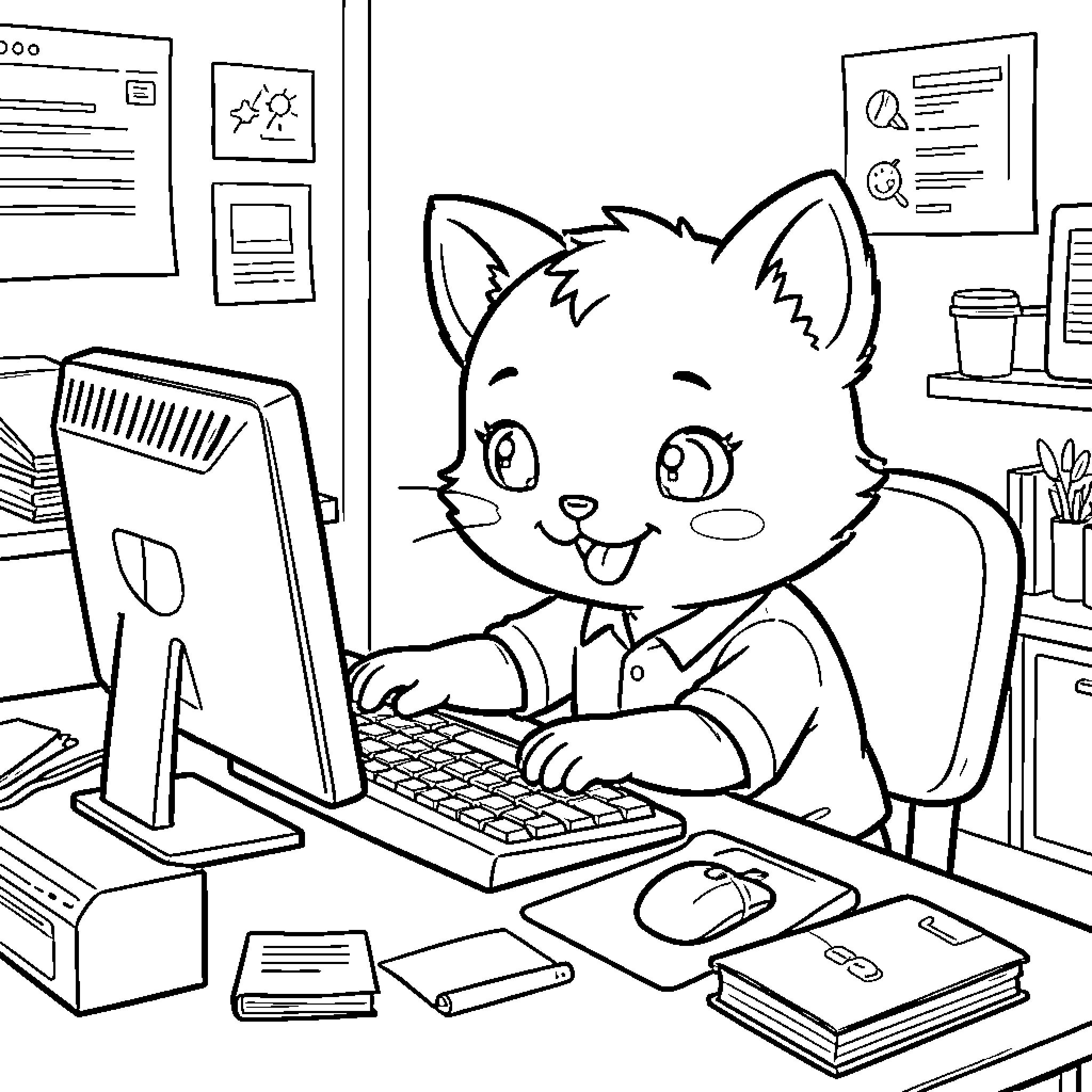 Chaton's Busy Day at the Office Coloring Page (free black-and-white line drawing printable PDF for all, from beginners to advanced learners, including children, teens, adults, and seniors)