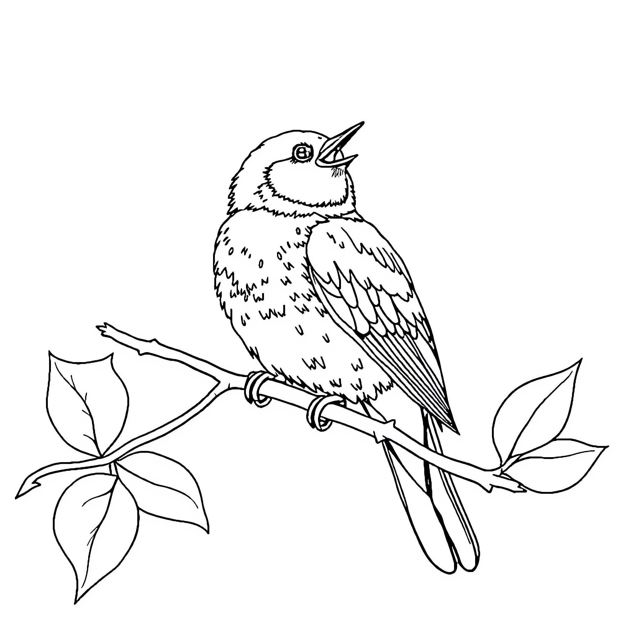 Bird perched on branch with leaves Coloring Page (free black-and-white line drawing printable PDF for all, from beginners to advanced learners, including children, teens, adults, and seniors)