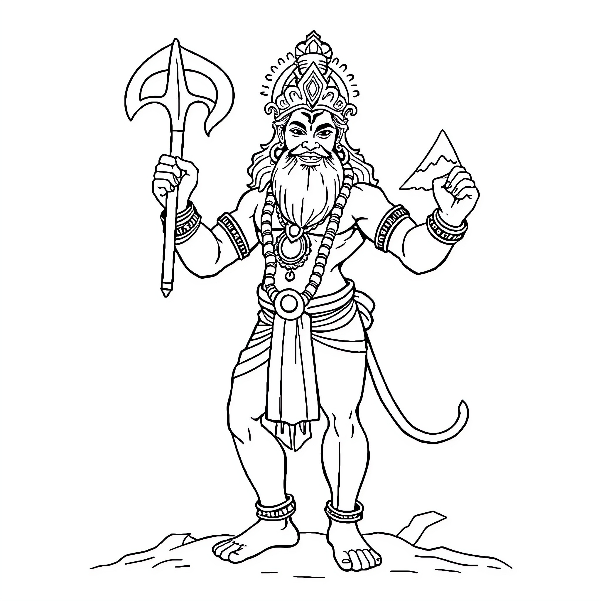 Hanuman the Mighty Warrior Holding Weapons Coloring Page (free black-and-white line drawing printable PDF for all, from beginners to advanced learners, including children, teens, adults, and seniors)