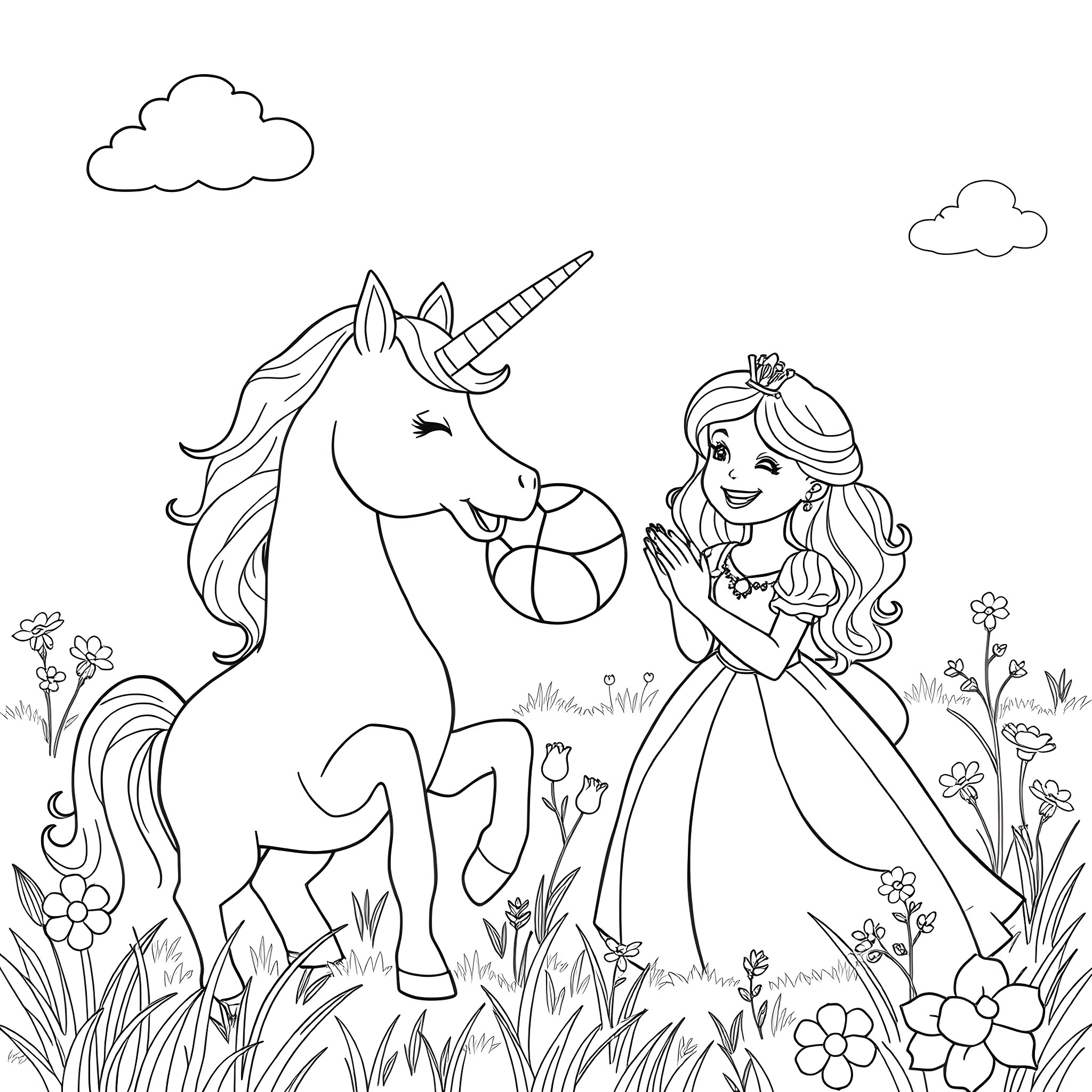 Unicorn and princess playing in magical meadow Coloring Page (free black-and-white line drawing printable PDF for all, from beginners to advanced learners, including children, teens, adults, and seniors)