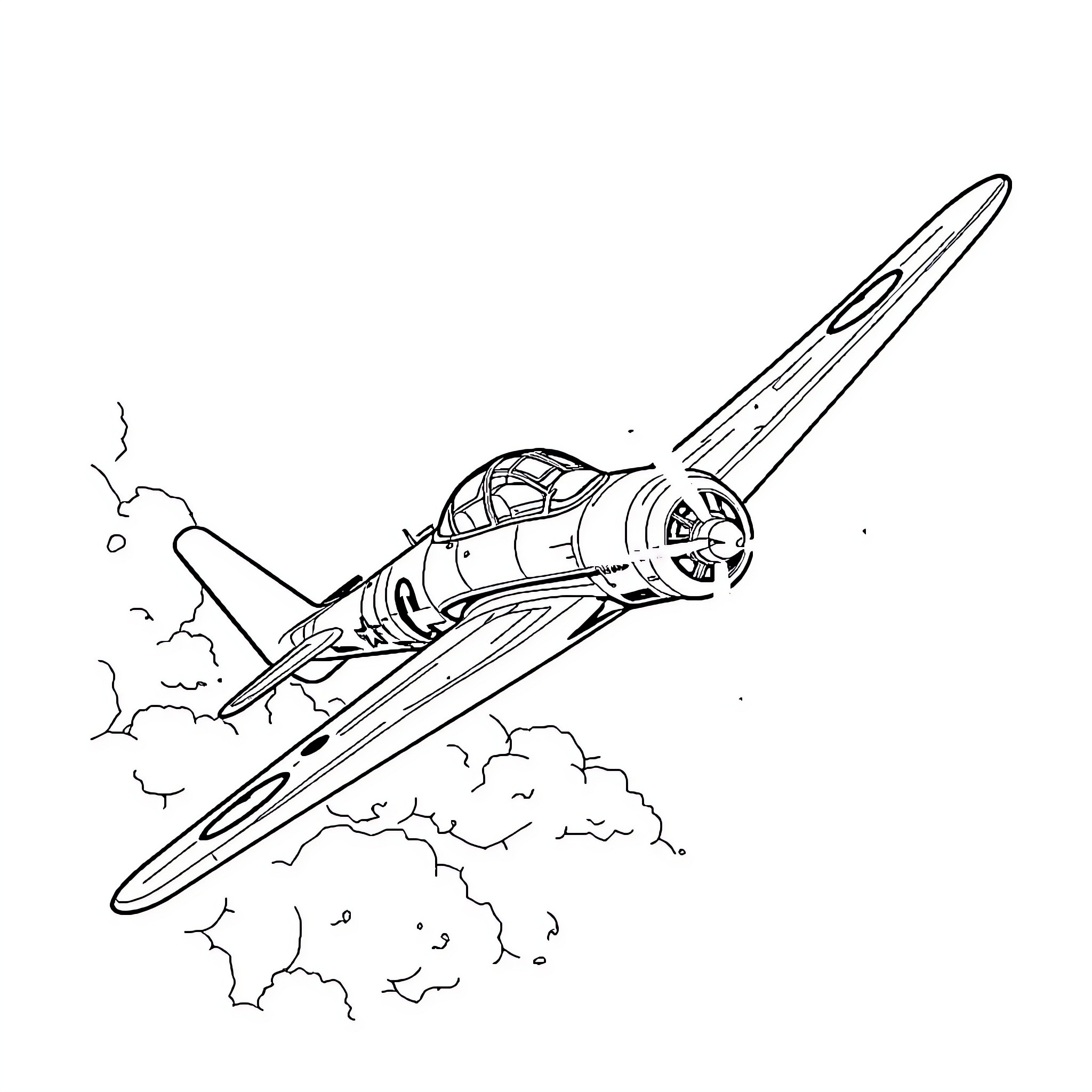Lockheed P38 Lightning fighter plane in action Coloring Page (free black-and-white line drawing printable PDF for all, from beginners to advanced learners, including children, teens, adults, and seniors)