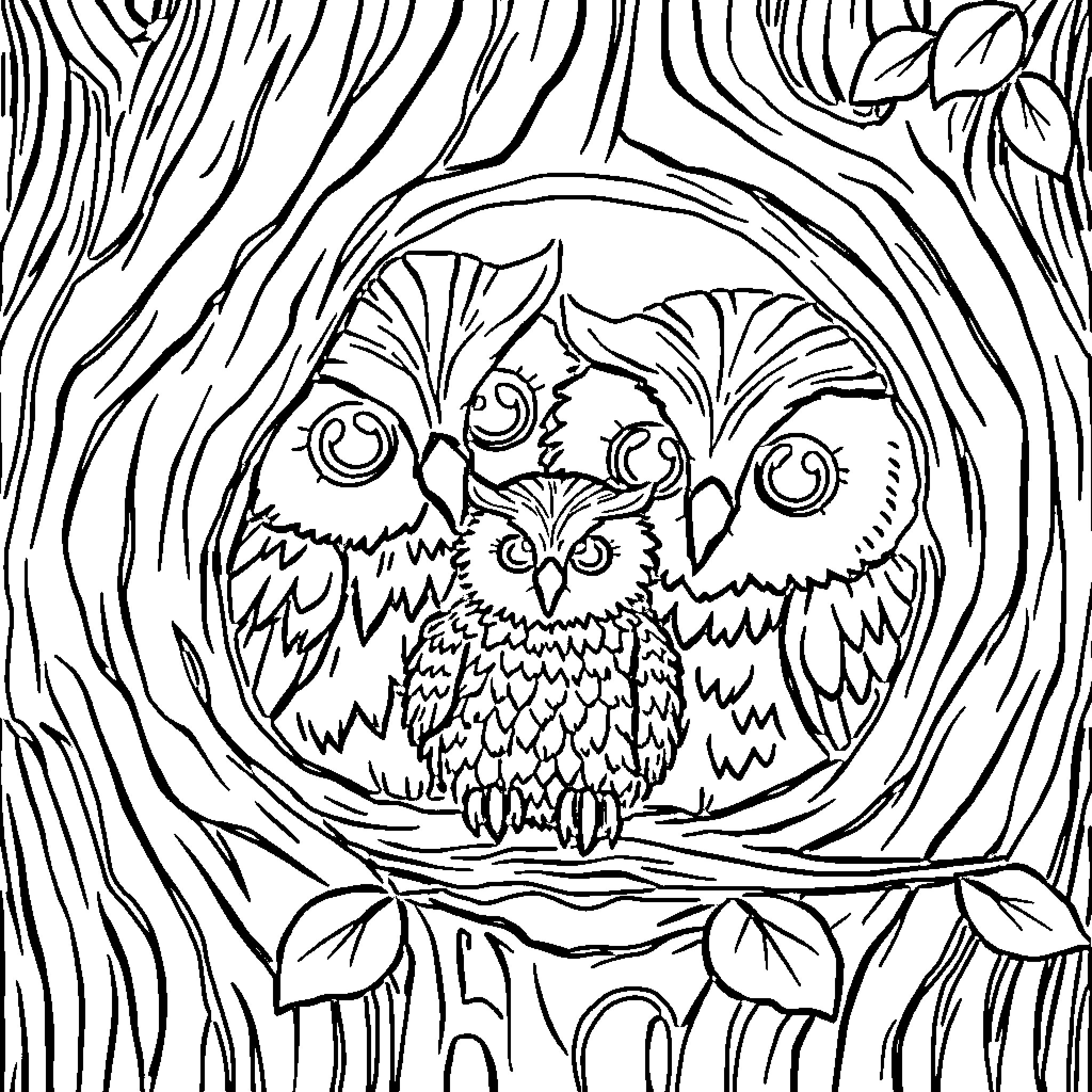 Owl trio perched in a cozy woodland setting Coloring Page (free black-and-white line drawing printable PDF for all, from beginners to advanced learners, including children, teens, adults, and seniors)