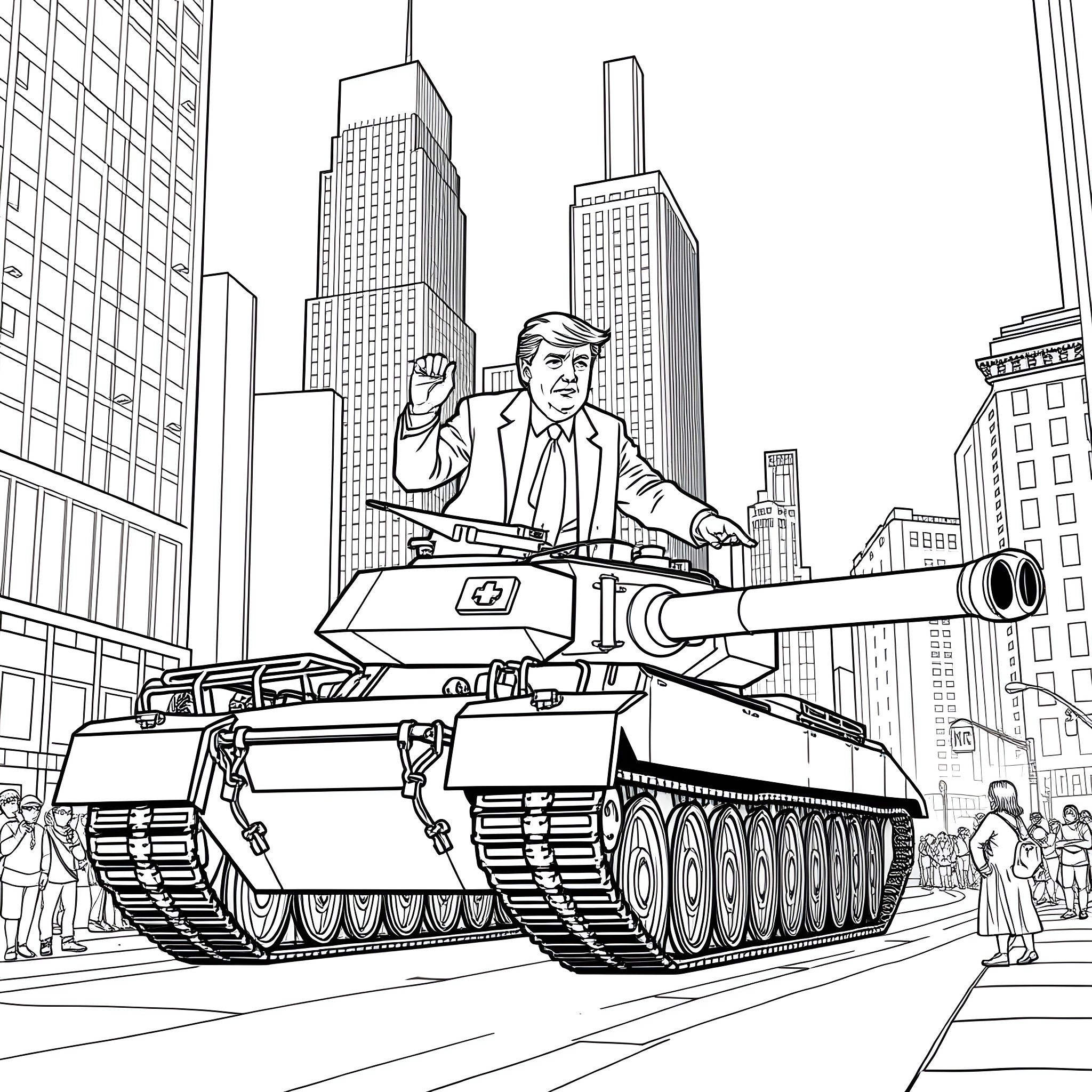 Trump Triumphantly Rides Military Tank in Cityscape Coloring Page (free black-and-white line drawing printable PDF for all, from beginners to advanced learners, including children, teens, adults, and seniors)