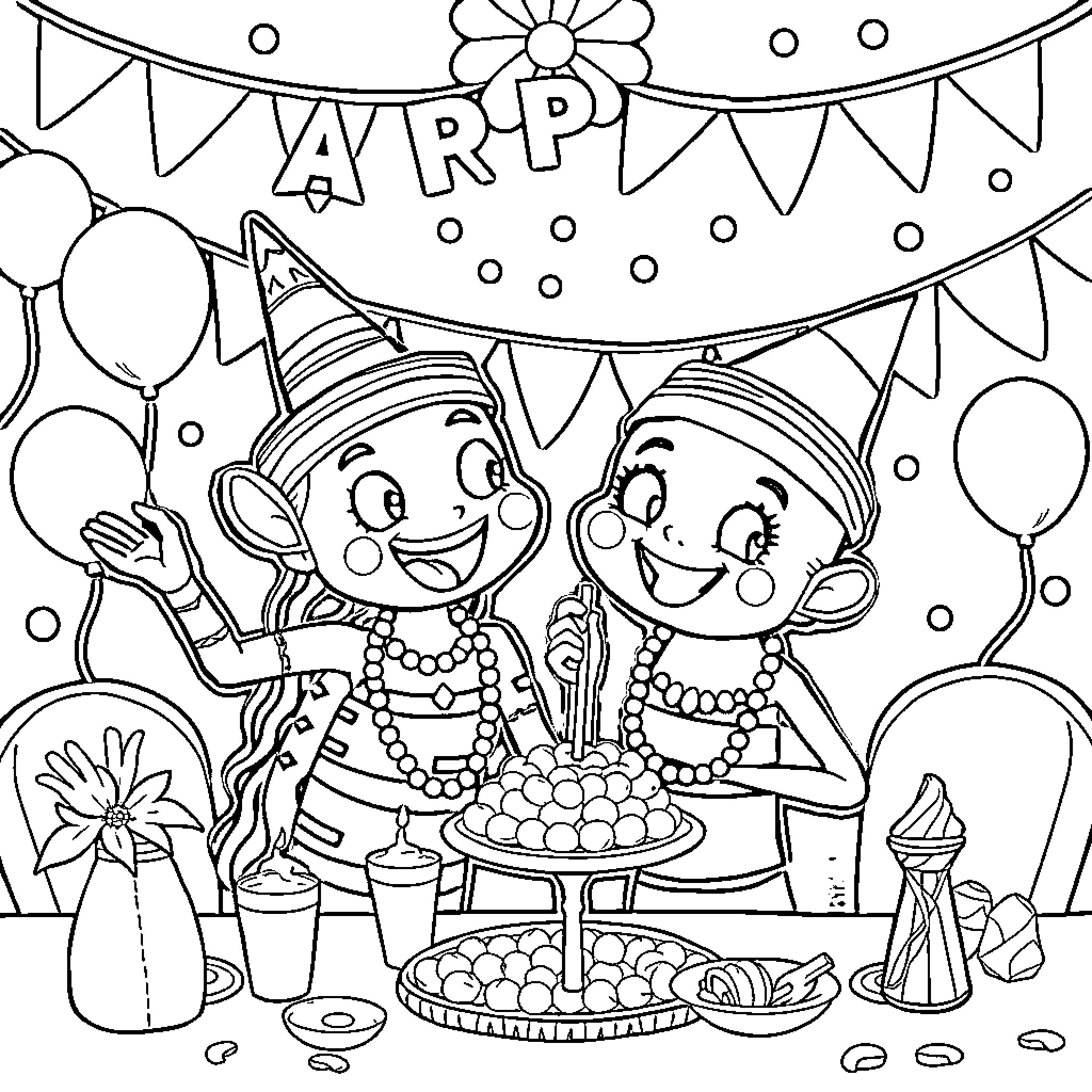 Curomi Characters Celebrating Birthday Party Coloring Page (free black-and-white line drawing printable PDF for all, from beginners to advanced learners, including children, teens, adults, and seniors)
