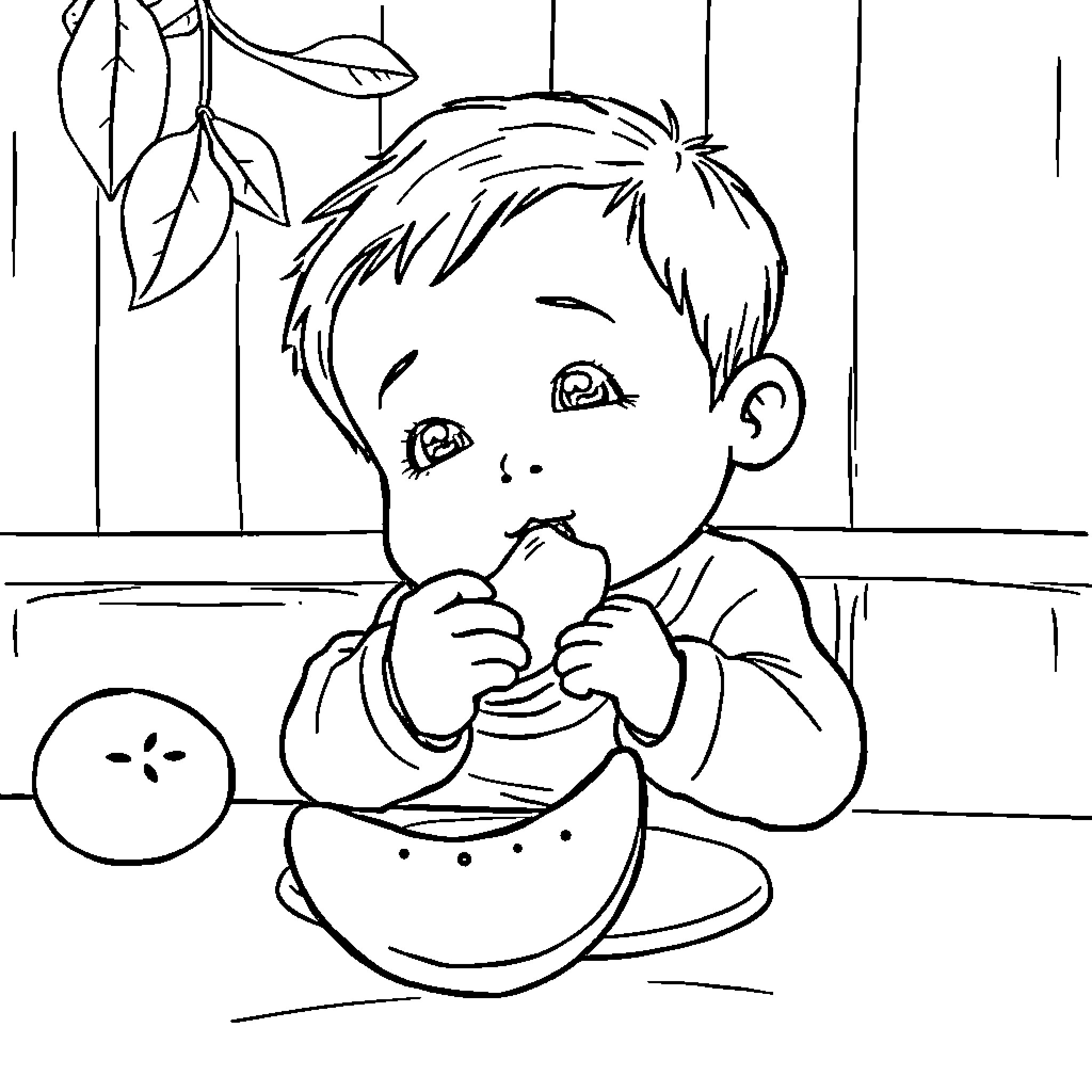 Child enjoying a meal with nature Coloring Page (free black-and-white line drawing printable PDF for all, from beginners to advanced learners, including children, teens, adults, and seniors)