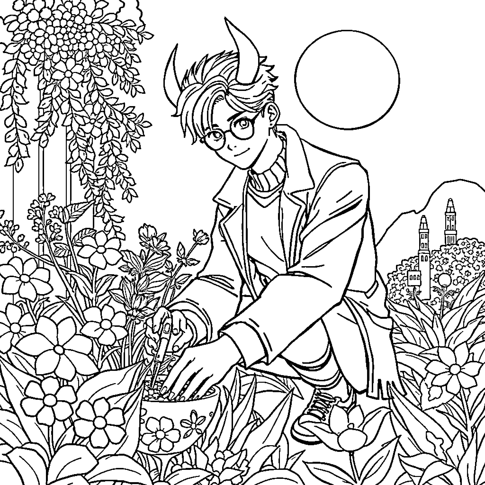 Rumi in a vibrant garden scene Coloring Page (free black-and-white line drawing printable PDF for all, from beginners to advanced learners, including children, teens, adults, and seniors)