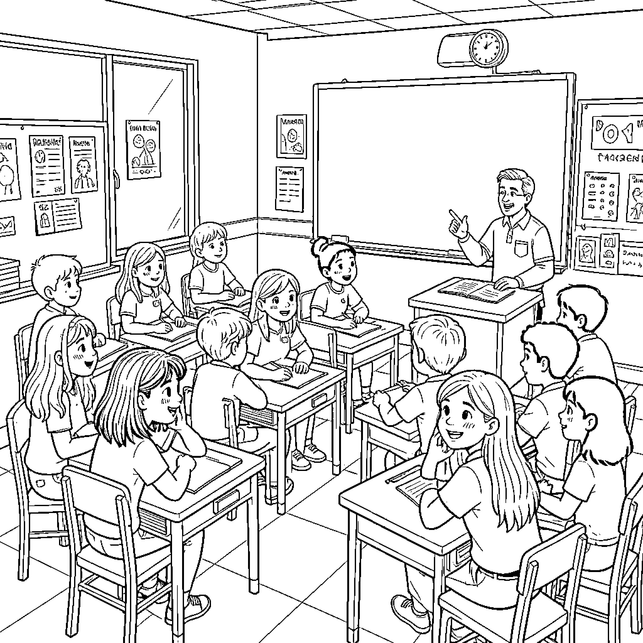Student listening to teacher during a classroom lesson Coloring Page (free black-and-white line drawing printable PDF for all, from beginners to advanced learners, including children, teens, adults, and seniors)