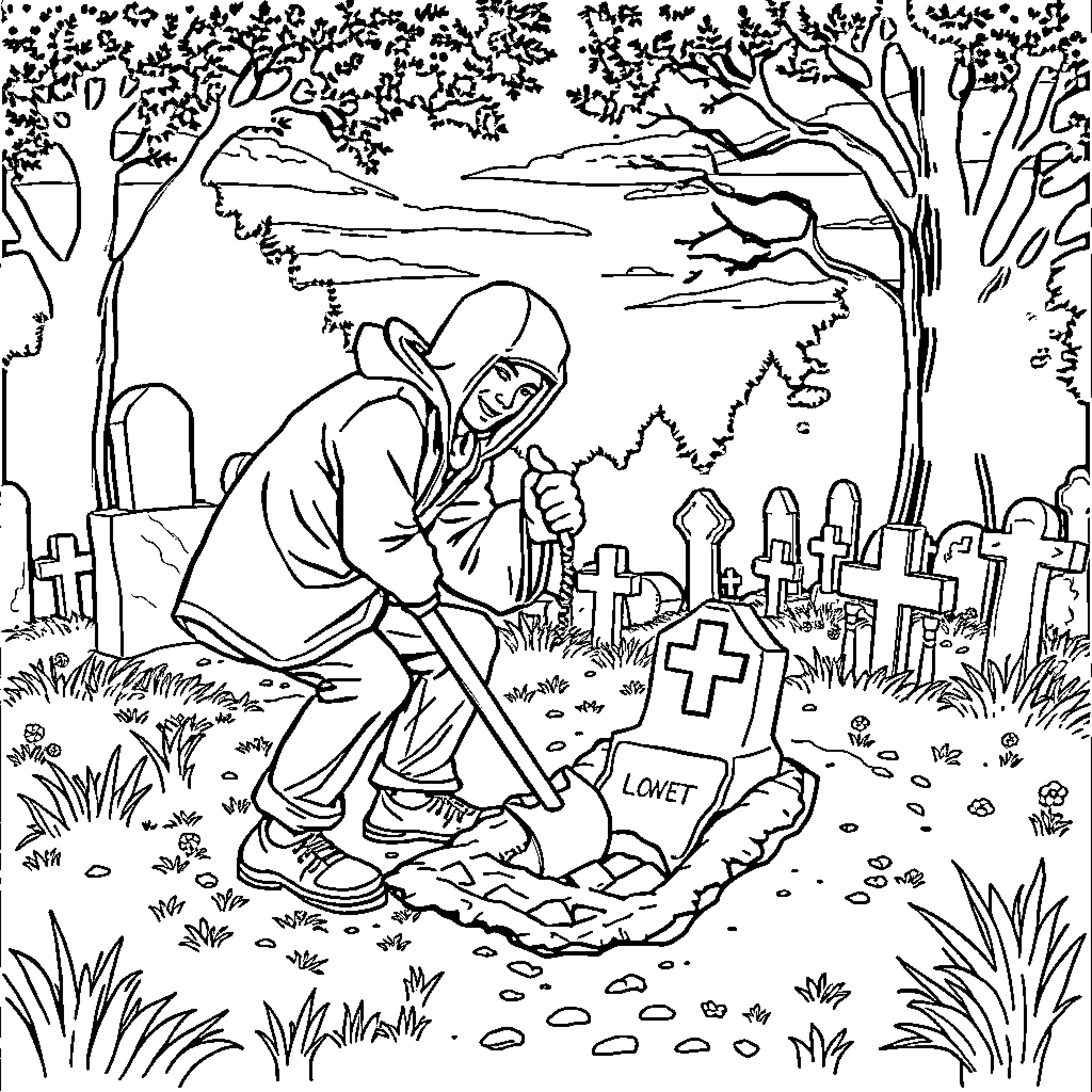 Gravedigger working diligently in the cemetery Coloring Page (free black-and-white line drawing printable PDF for all, from beginners to advanced learners, including children, teens, adults, and seniors)