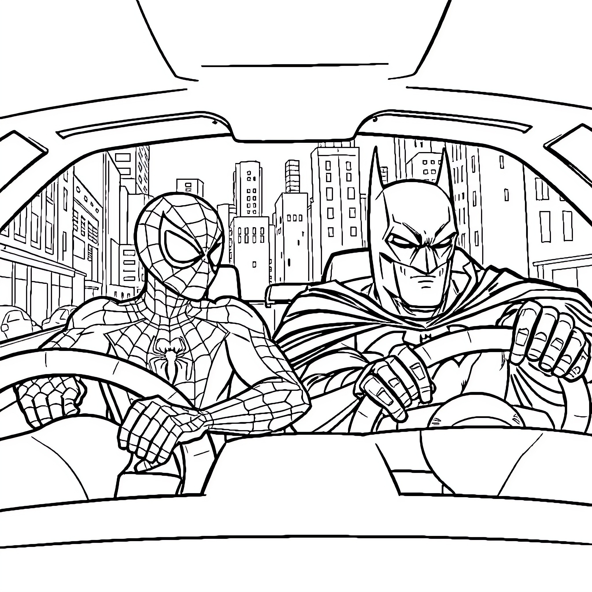 Spiderman and Batman team up to fight crime in the city Coloring Page (free black-and-white line drawing printable PDF for all, from beginners to advanced learners, including children, teens, adults, and seniors)