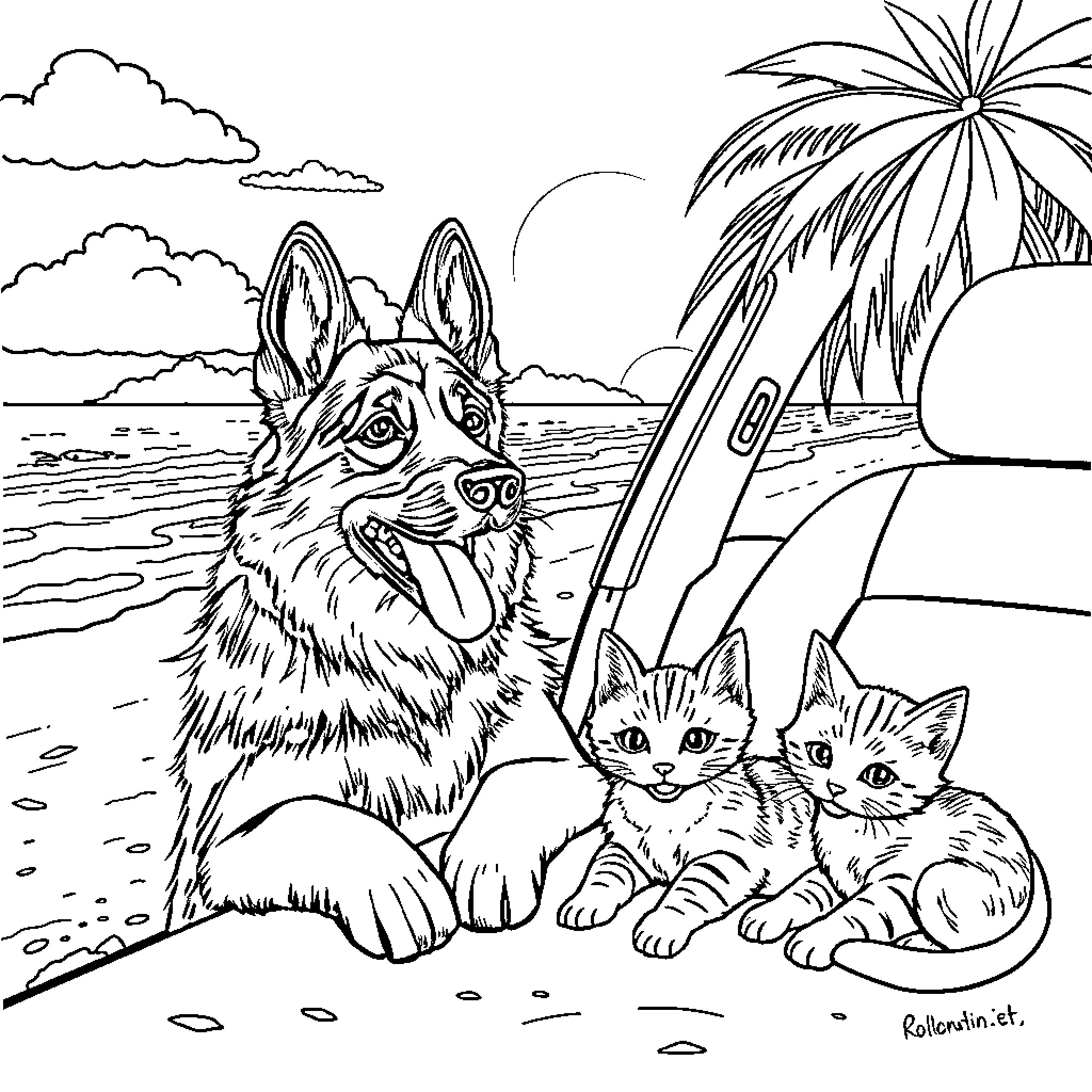 German Shepherd enjoying a tropical beach with kittens Coloring Page (free black-and-white line drawing printable PDF for all, from beginners to advanced learners, including children, teens, adults, and seniors)