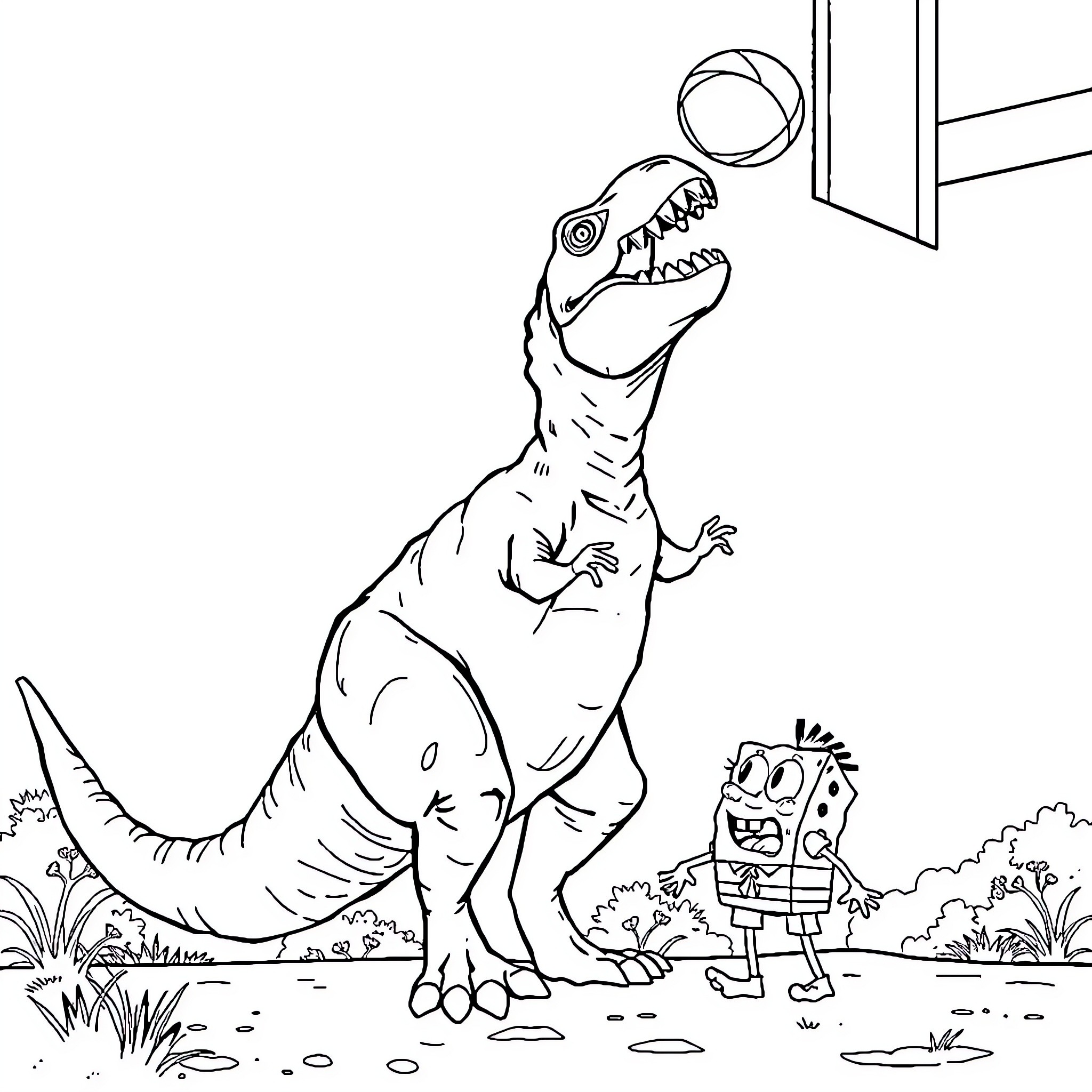 Dinosaur Playing with Ball in Backyard Coloring Page (free black-and-white line drawing printable PDF for all, from beginners to advanced learners, including children, teens, adults, and seniors)