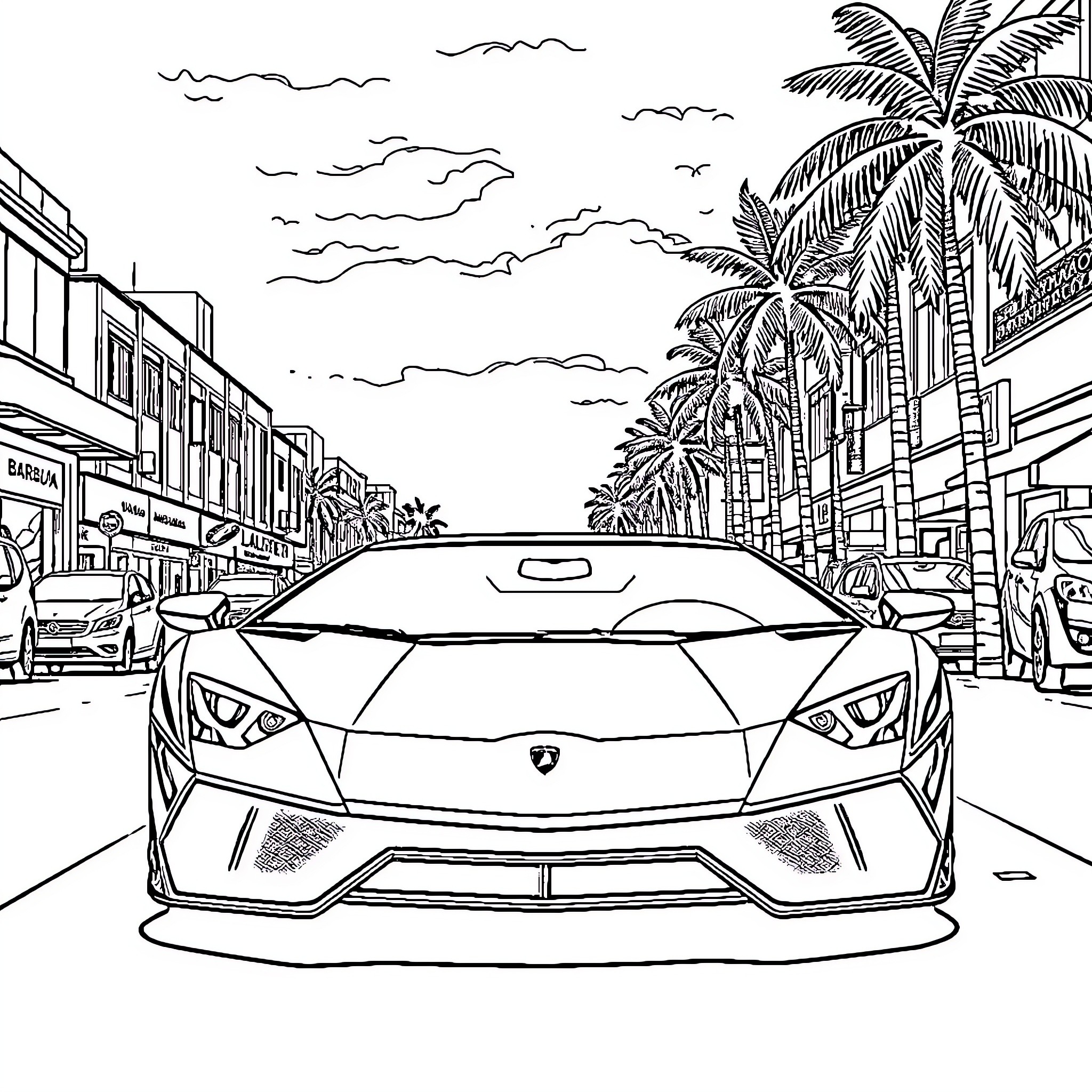Lamborghini speeding through a tropical city street Coloring Page (free black-and-white line drawing printable PDF for all, from beginners to advanced learners, including children, teens, adults, and seniors)