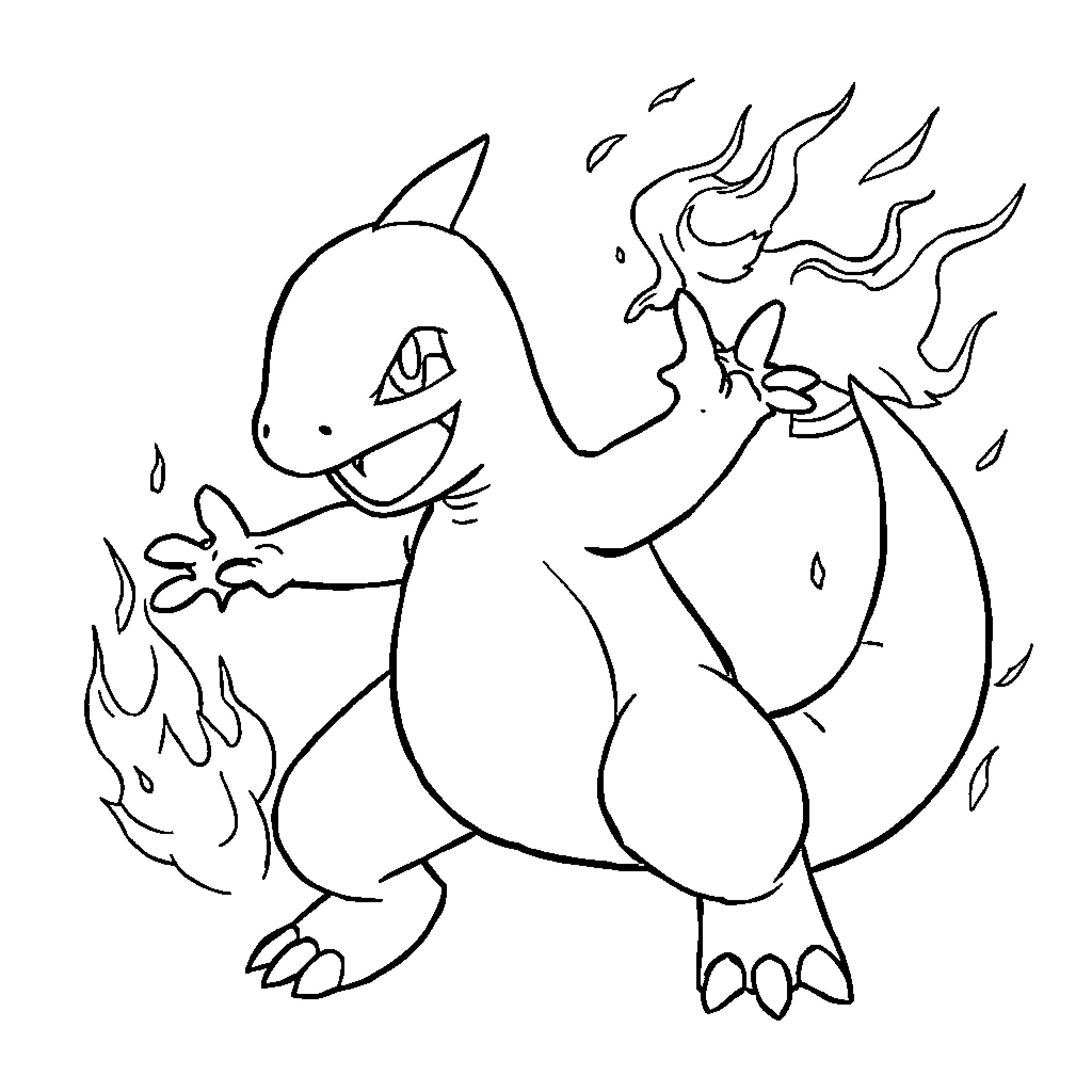 Charmander using Flamethrower attack Coloring Page (free black-and-white line drawing printable PDF for all, from beginners to advanced learners, including children, teens, adults, and seniors)