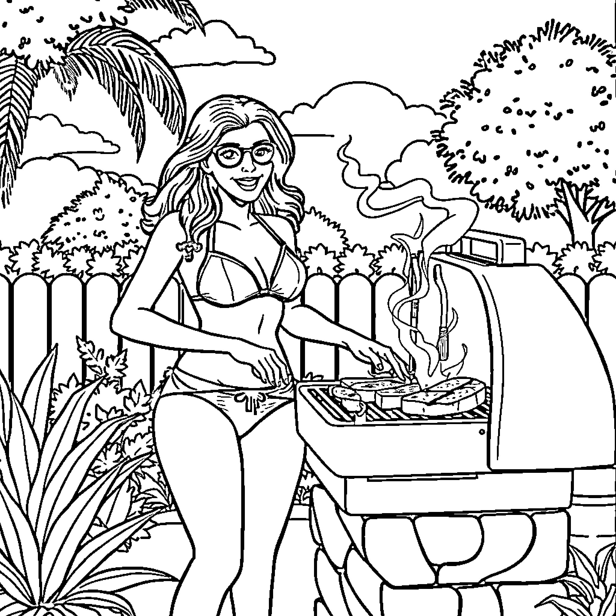 Mom grilling outdoors in tropical garden Coloring Page (free black-and-white line drawing printable PDF for all, from beginners to advanced learners, including children, teens, adults, and seniors)