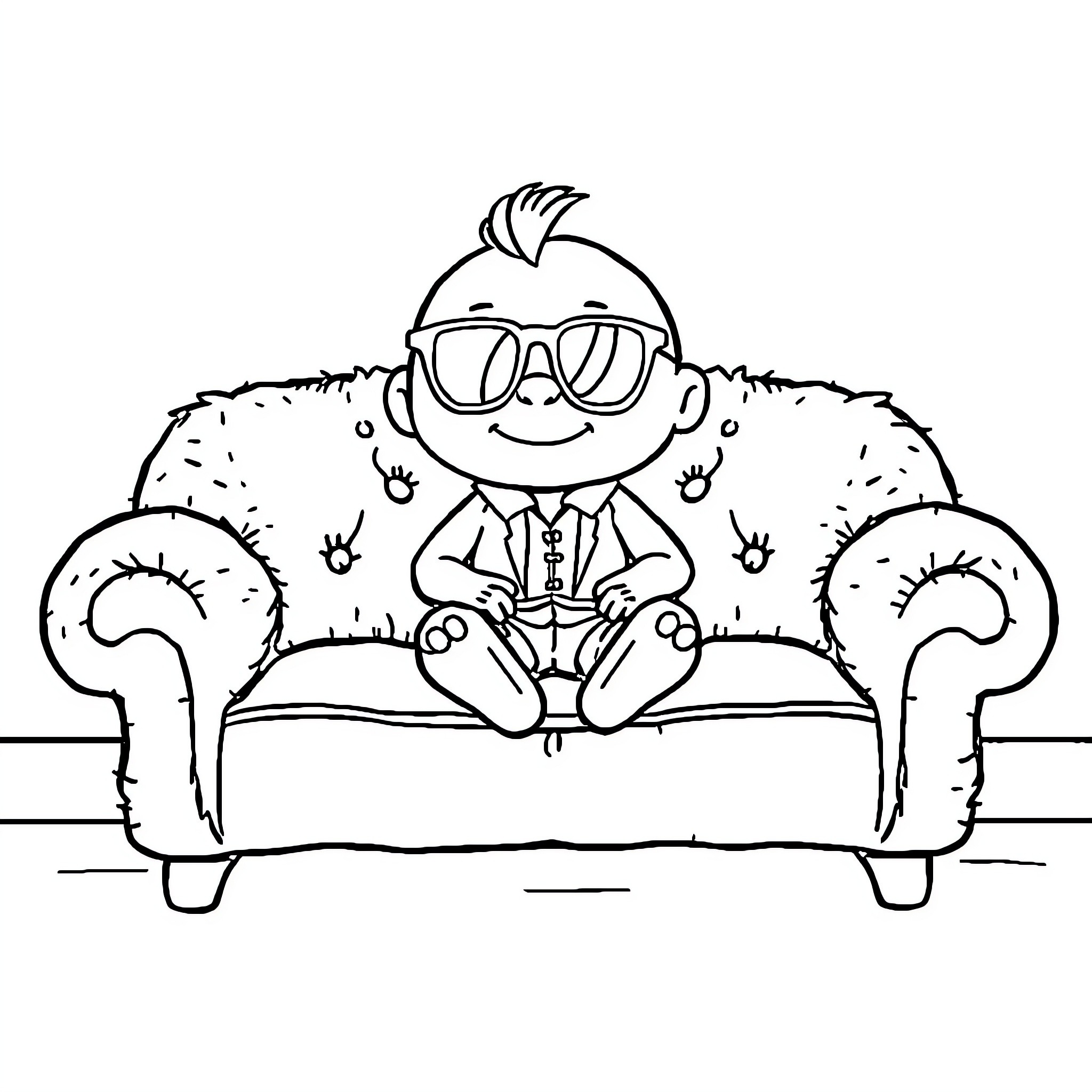 Miniature person relaxing on a cozy couch Coloring Page (free black-and-white line drawing printable PDF for all, from beginners to advanced learners, including children, teens, adults, and seniors)