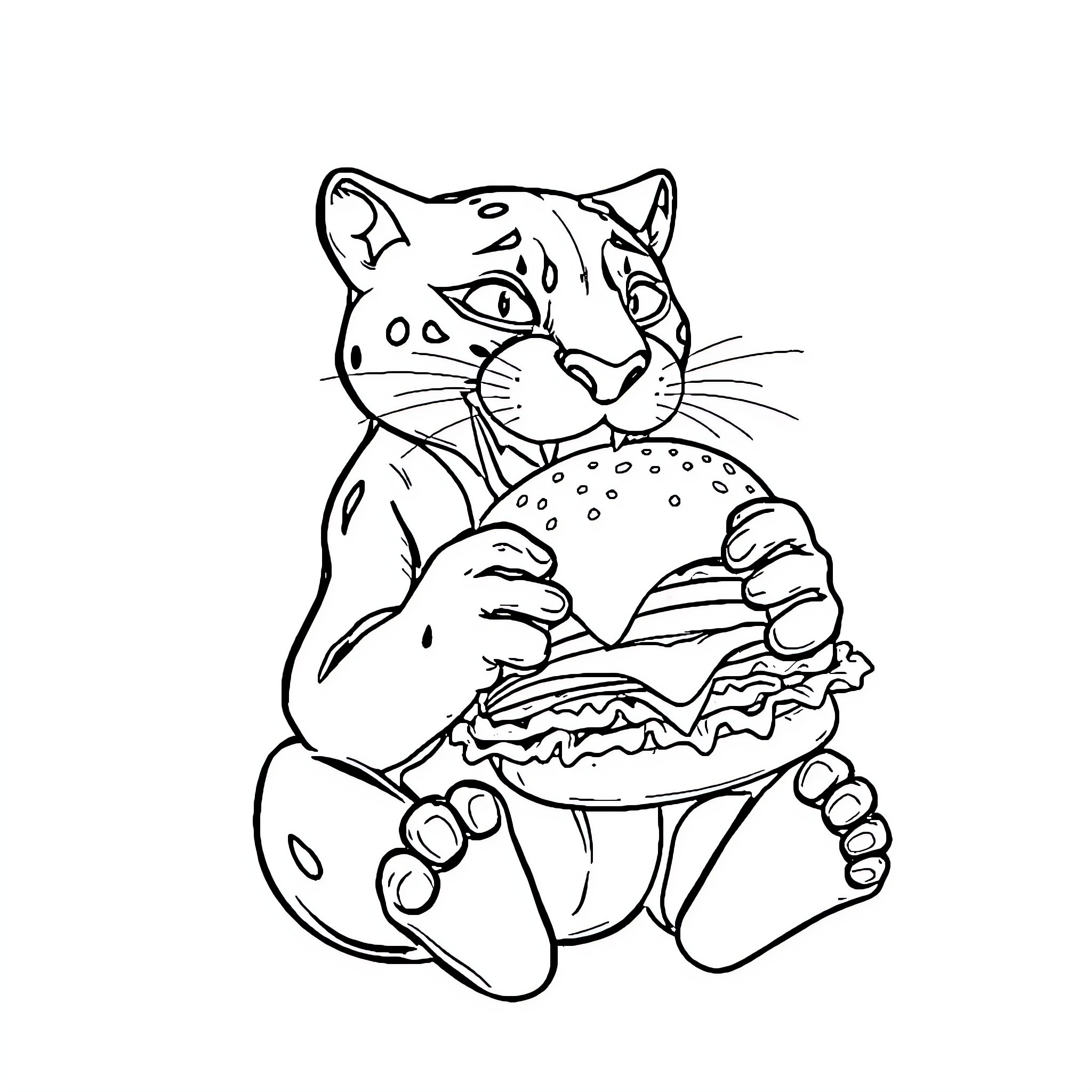 Panther enjoying a delightful snack Coloring Page (free black-and-white line drawing printable PDF for all, from beginners to advanced learners, including children, teens, adults, and seniors)