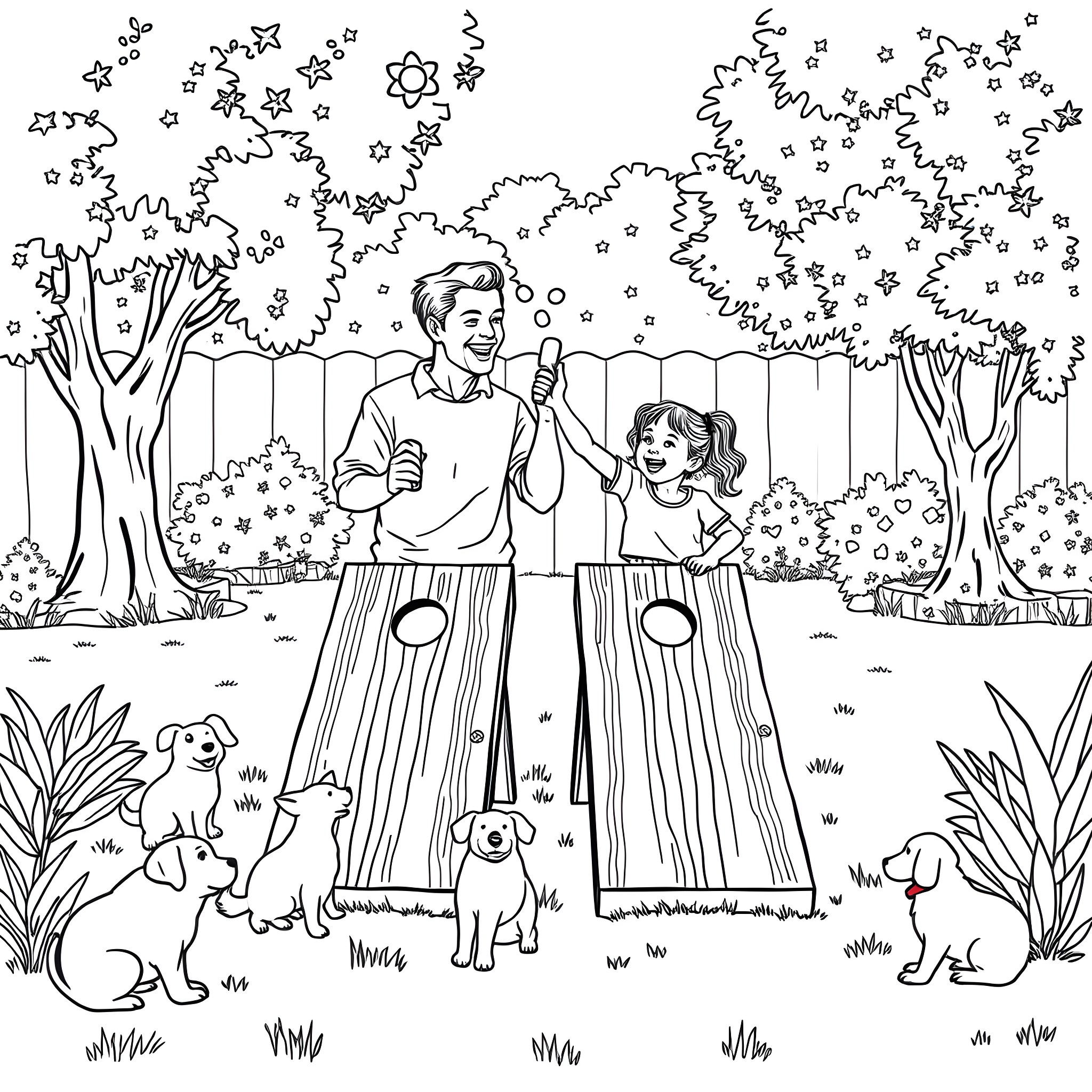 Cornhole game with family and pets in the park Coloring Page (free black-and-white line drawing printable PDF for all, from beginners to advanced learners, including children, teens, adults, and seniors)