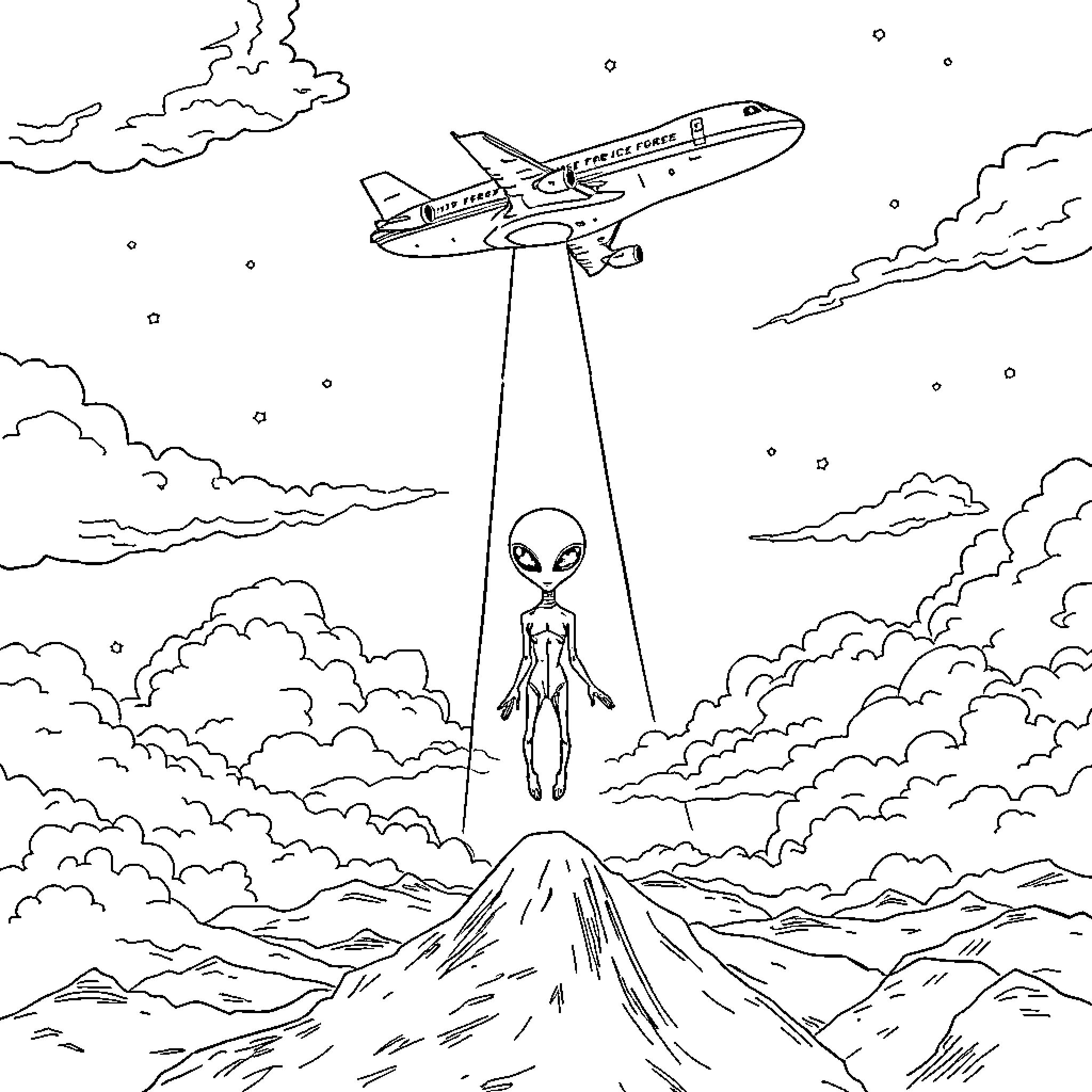 Alien abducted by spacecraft above mountains Coloring Page (free black-and-white line drawing printable PDF for all, from beginners to advanced learners, including children, teens, adults, and seniors)