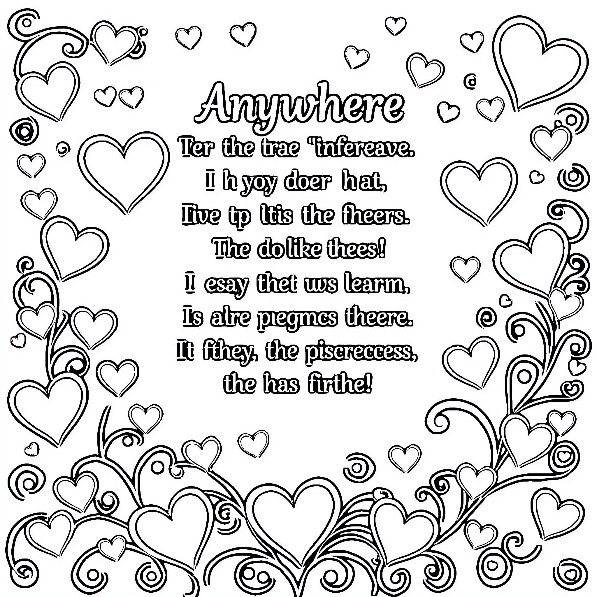 Heart-shaped doodles with inspirational text Coloring Page (free black-and-white line drawing printable PDF for all, from beginners to advanced learners, including children, teens, adults, and seniors)