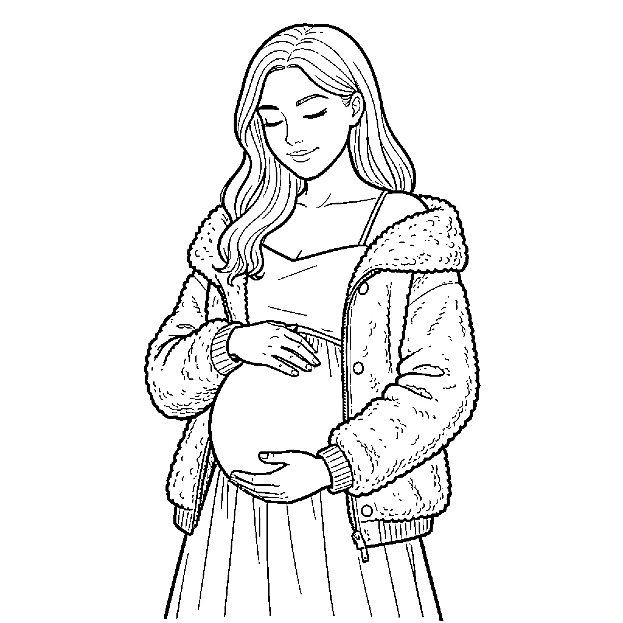 Woman in winter coat embracing her pregnant belly Coloring Page (free black-and-white line drawing printable PDF for all, from beginners to advanced learners, including children, teens, adults, and seniors)